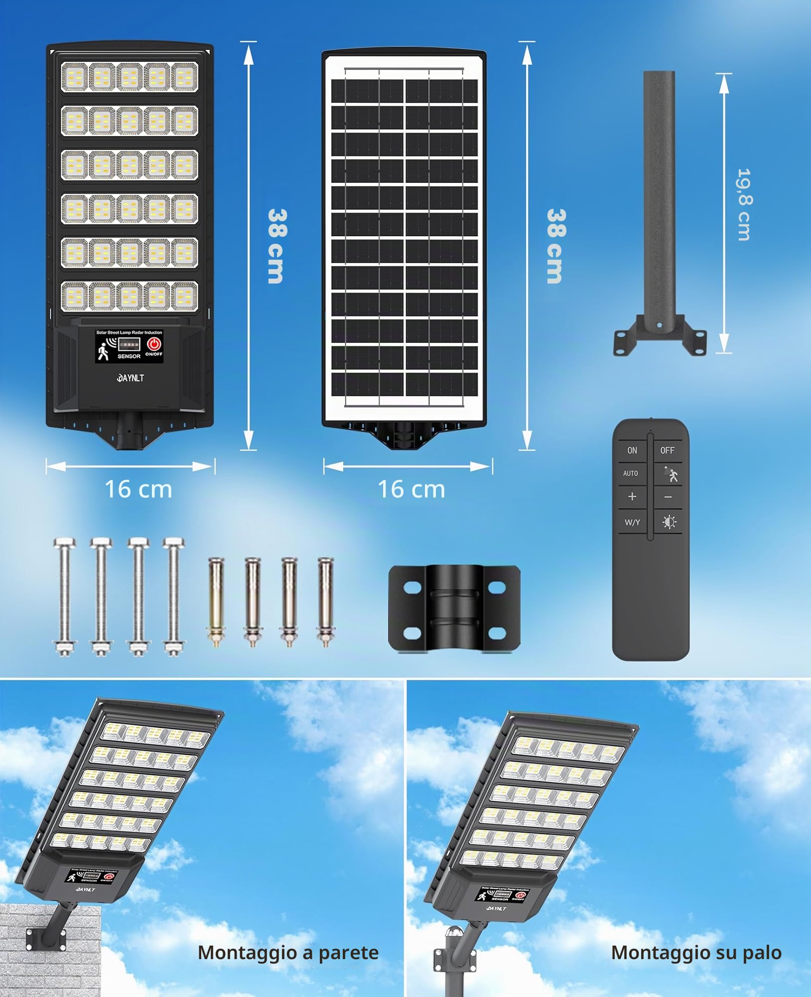 JAYNLT Lampione Solare LED Esterno con Sensore Movimento, 6500K Faro led Esterno Lampada Stradale Solare con Telecomando per Garage, Cortile, Strada-2 Pack