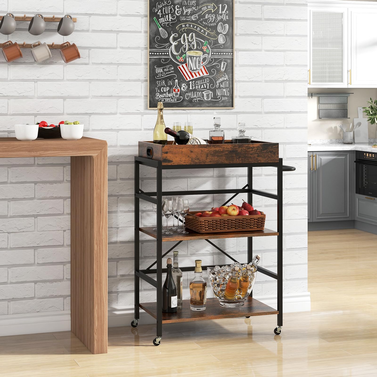 RELAX4LIFE Carrello da Cucina, Carrello da Servizio a 3 Ripiani con Vassoio Rimovibile e Ruote Universali, Carrello Industriale per Cucina, Sala da Pranzo, Soggiorno, Bar, Marrone Rustico e Nero