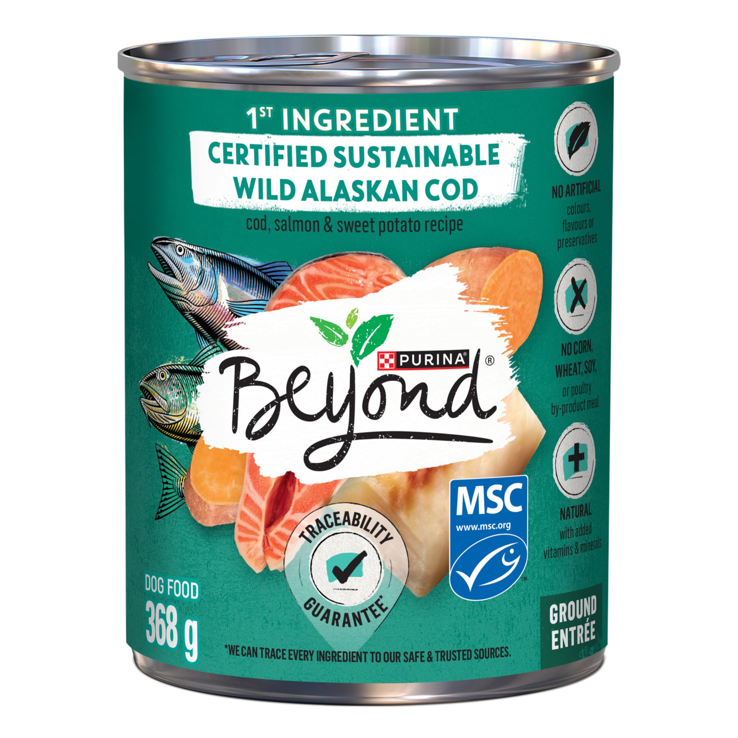 Beyond Natural Wet Dog Food, Alaskan Cod, Salmon & Sweet Potato Ground Entree - 368 g Can (12 Pack) image 7