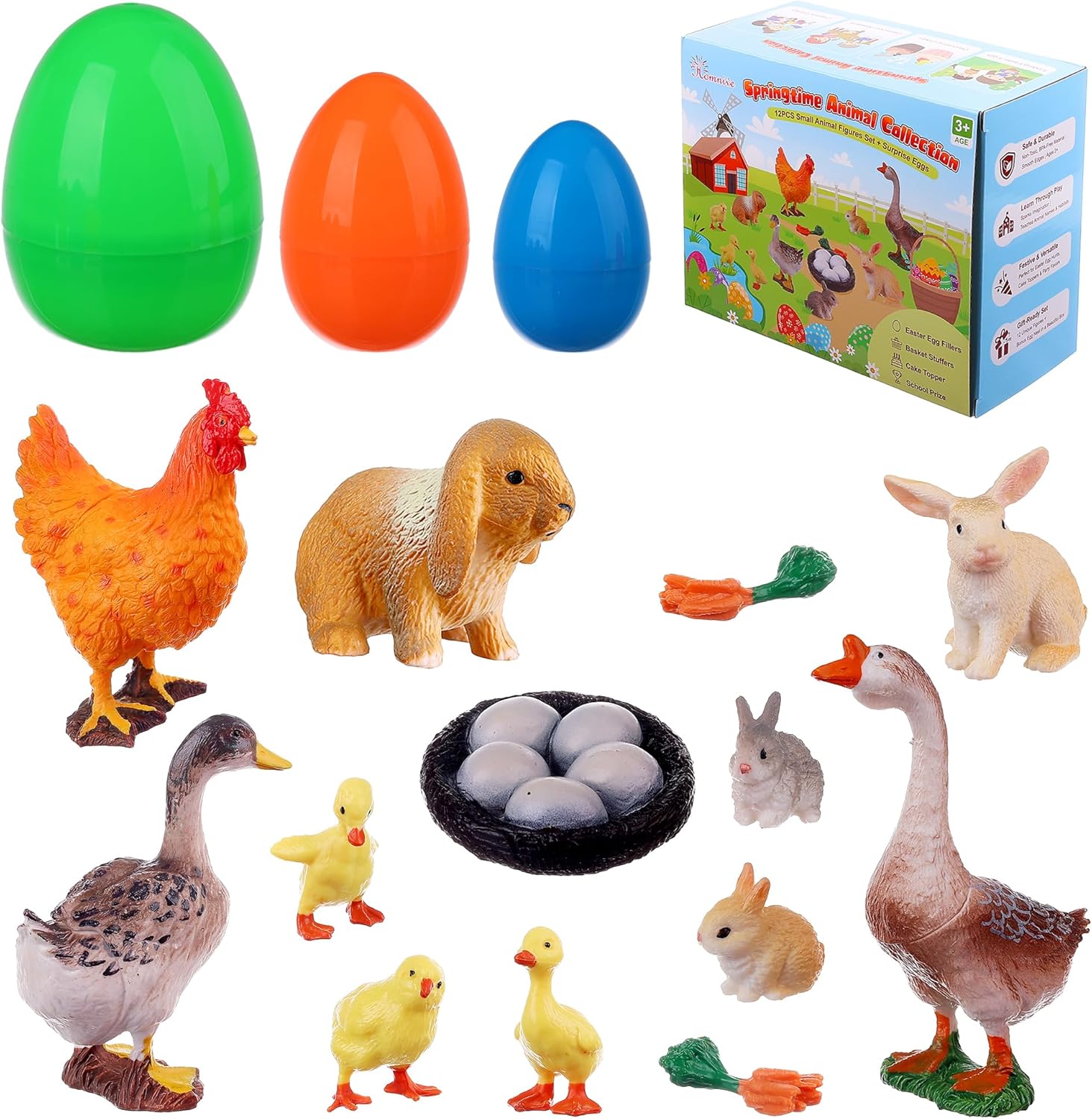 12 PCS Small Animal Figures Set for Easter - Bunny, Chick, Ducks and Goose Toy Collection - Easter Egg Fillers, Basket Stuffers, Cake Topper & Educational School Prize Toys for Kids