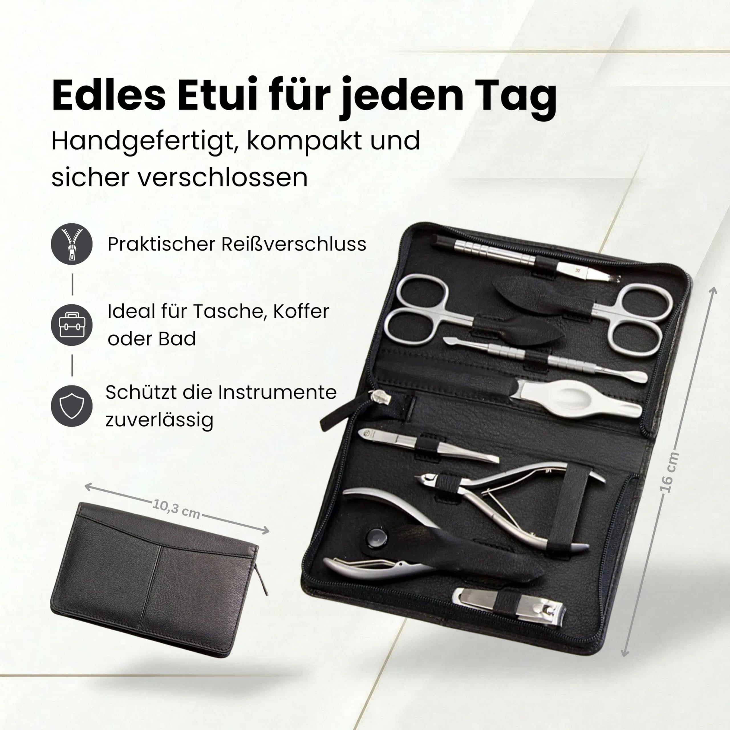 Hans Kniebes Maniküre Set 9-teilig Schwarz – Profi Nagelpflege & Pediküre Set aus Edelstahl – Nappa Schafleder Etui mit Reißverschluss – Nagelschere, Zangen & Knipser – Premium Manikürbesteck