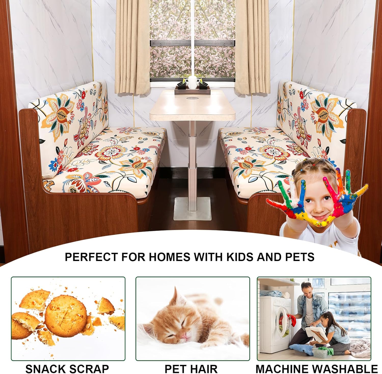 CRFATOP RV Dinette Cushion Covers Printed Elastic Camper Cushion Slipcover Stretchable Loveseat Sofa Chair Cover Furniture Protector for RV Camper Car Bench 1 Backrest Cover & 1 Bench Cover,02