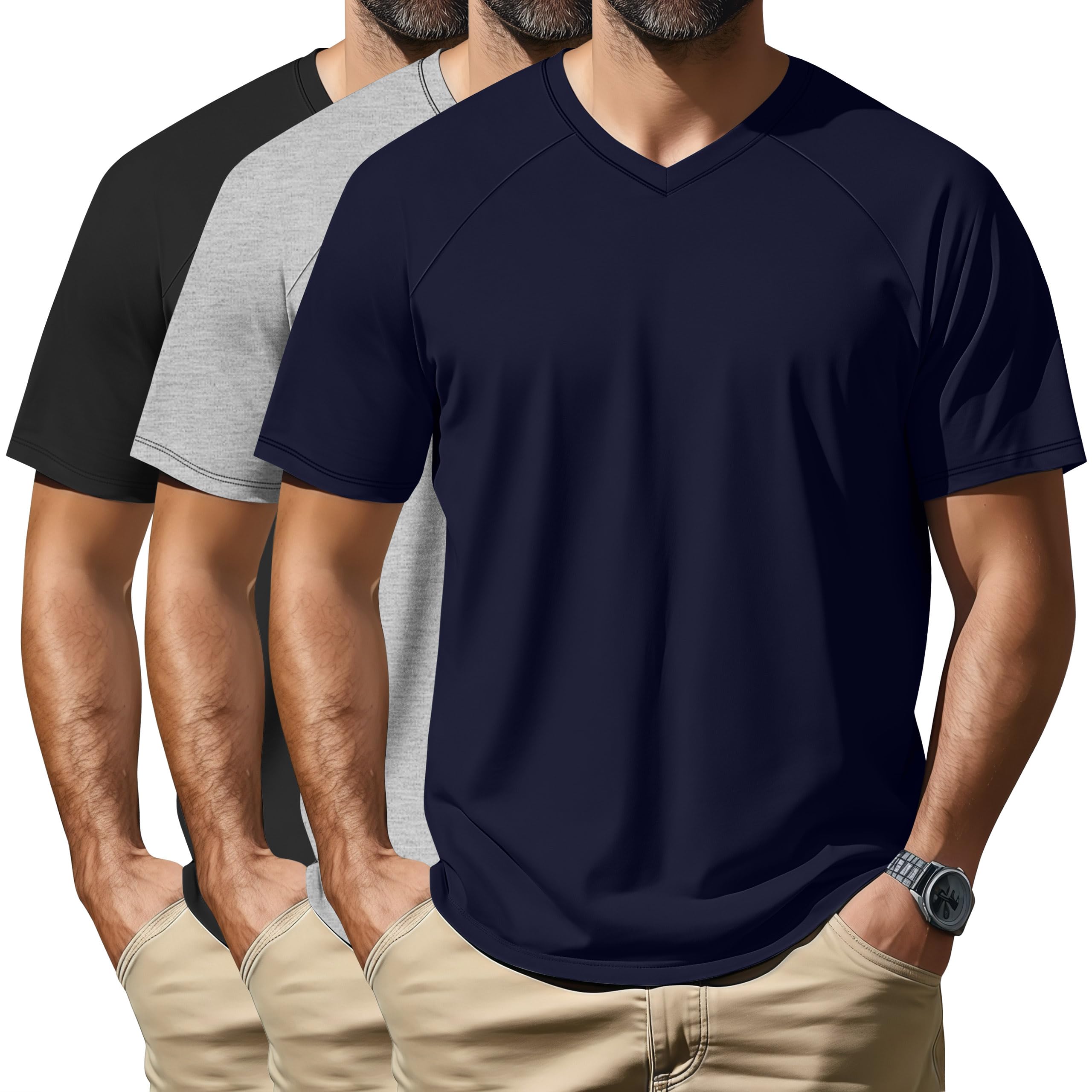 Neer 3 Pack Men's Big and Tall V Neck T-Shirts M-7X, 35% Cotton Short Sleeve Raglan Tops Casual Regular Summer Basic Tees