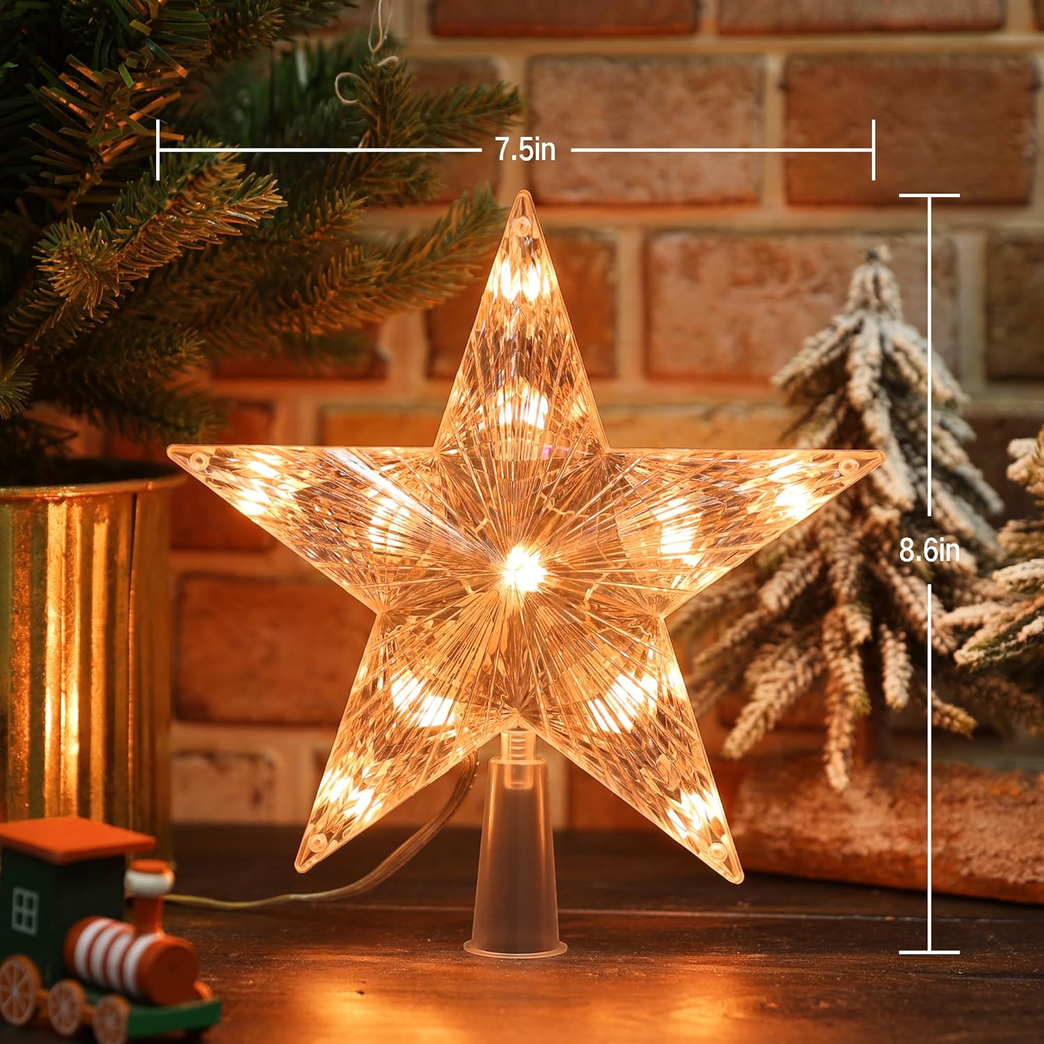Image showing the dimensions of the Brizled Smart Christmas Tree Topper, measuring 7.5 inches wide and 8.6 inches high.