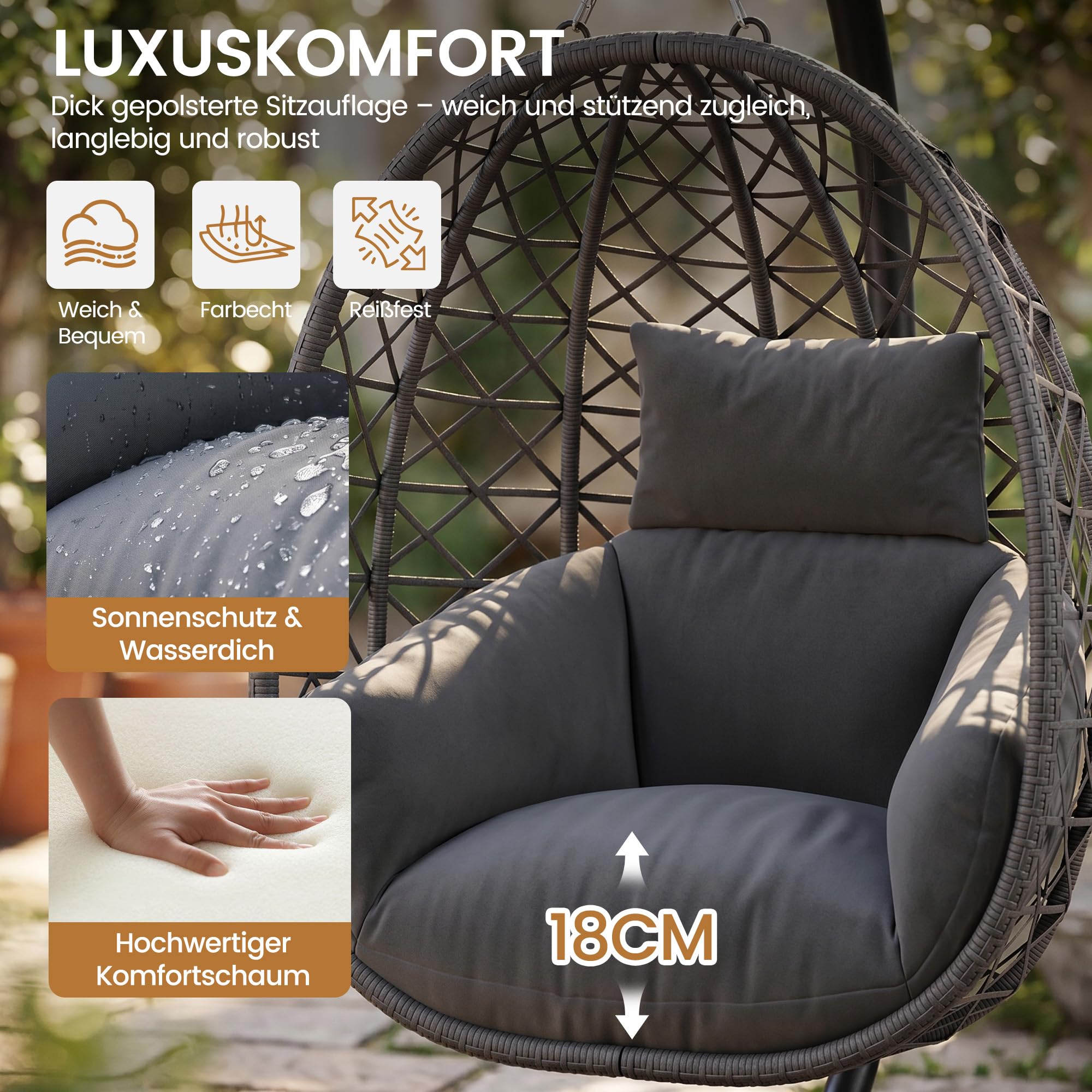 UDPATIO Hängesessel Outdoor mit Gestell, Indoor Hängeschaukel, Hängestuhl bis 160kg, Relaxschaukel mit 18cm Dicke Kissen, Schaukel Sessel Garten, Balkon, Grau