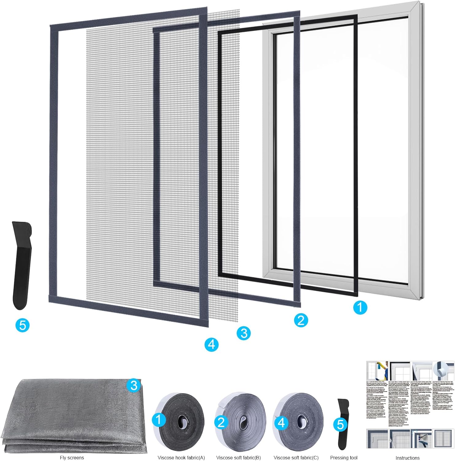 Adjustable Window Screen, Max 39"x 59" Thick Self-Adhesive Mosquito Mesh with Reinforced Edge, DIY Temporary Nylon Window Screens Replacement