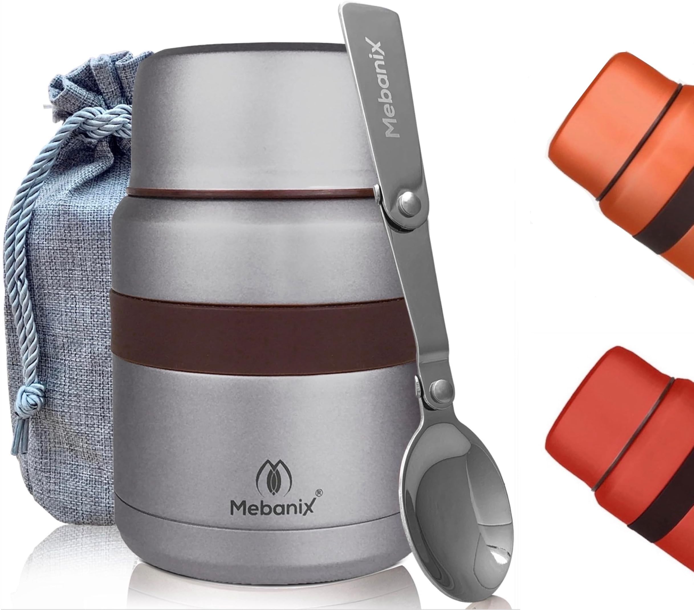Food Flask for Hot Food, Soup | 400ml Stainless Steel Double Walled Vacuum Insulated Leakproof Jar with Folding Spoon | BPA Free | 6 hrs hot 10 hrs cold | For Adults and Kids. Grey.