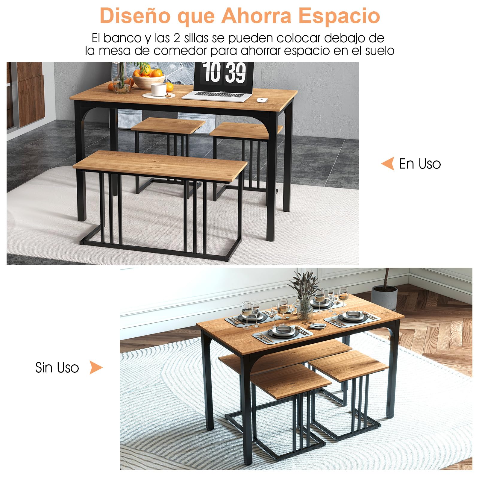 COSTWAY Juego de Mesa de Comedor de 4 Piezas, Mesa de Comedor Industrial con Banco y 2 Taburetes para 4 Personas, Mueble de Comedor, Estructura metálica, Restaurante, Bar (Natural)