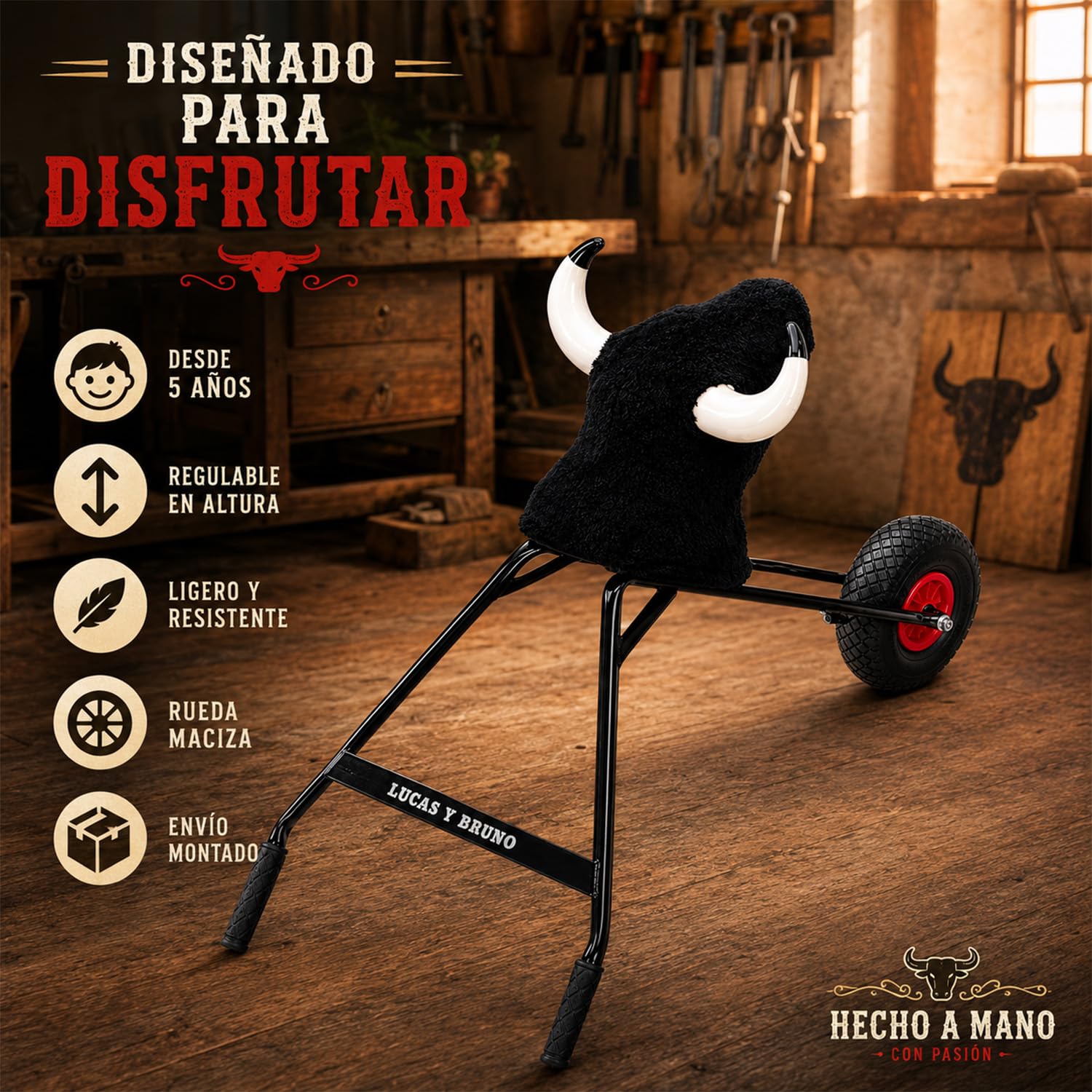 Carretón de hierro mediano 75 cm, toro con ruedas personalizable con nombre, cabeza de fibra y cuernos de plástico, juguete taurino infantil regulable en altura para encierros y bous al carrer