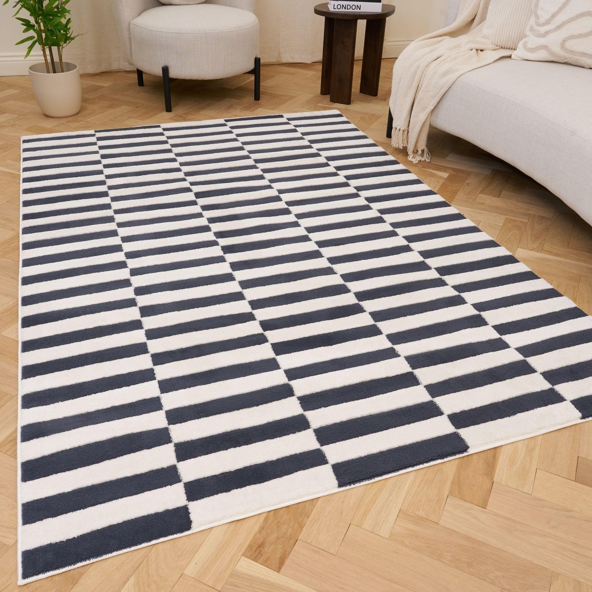 THE RUGS Living Room Rug, Loft Collection – Modern Textured 14mm Soft Pile Area Carpet, Non-Shedding & Easy Care [ Block Stripe Blue, 200x290 cm]