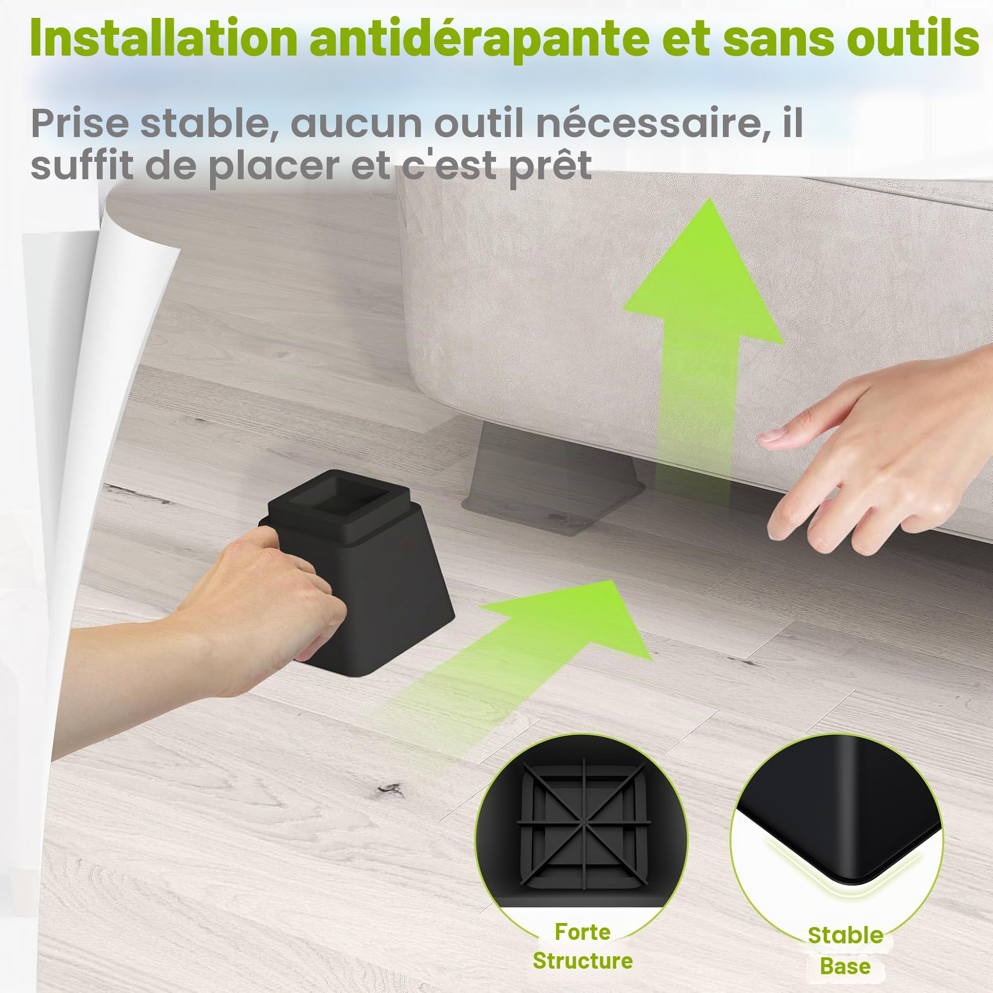 UISEBRT Lot de 8 rehausseurs de meubles carrés (10 cm + 15 cm de hauteur), rehausseurs de meubles pour lit, table, canapé et chaise, rehausseur de table, pieds et rehausseurs de lit, extension de pied
