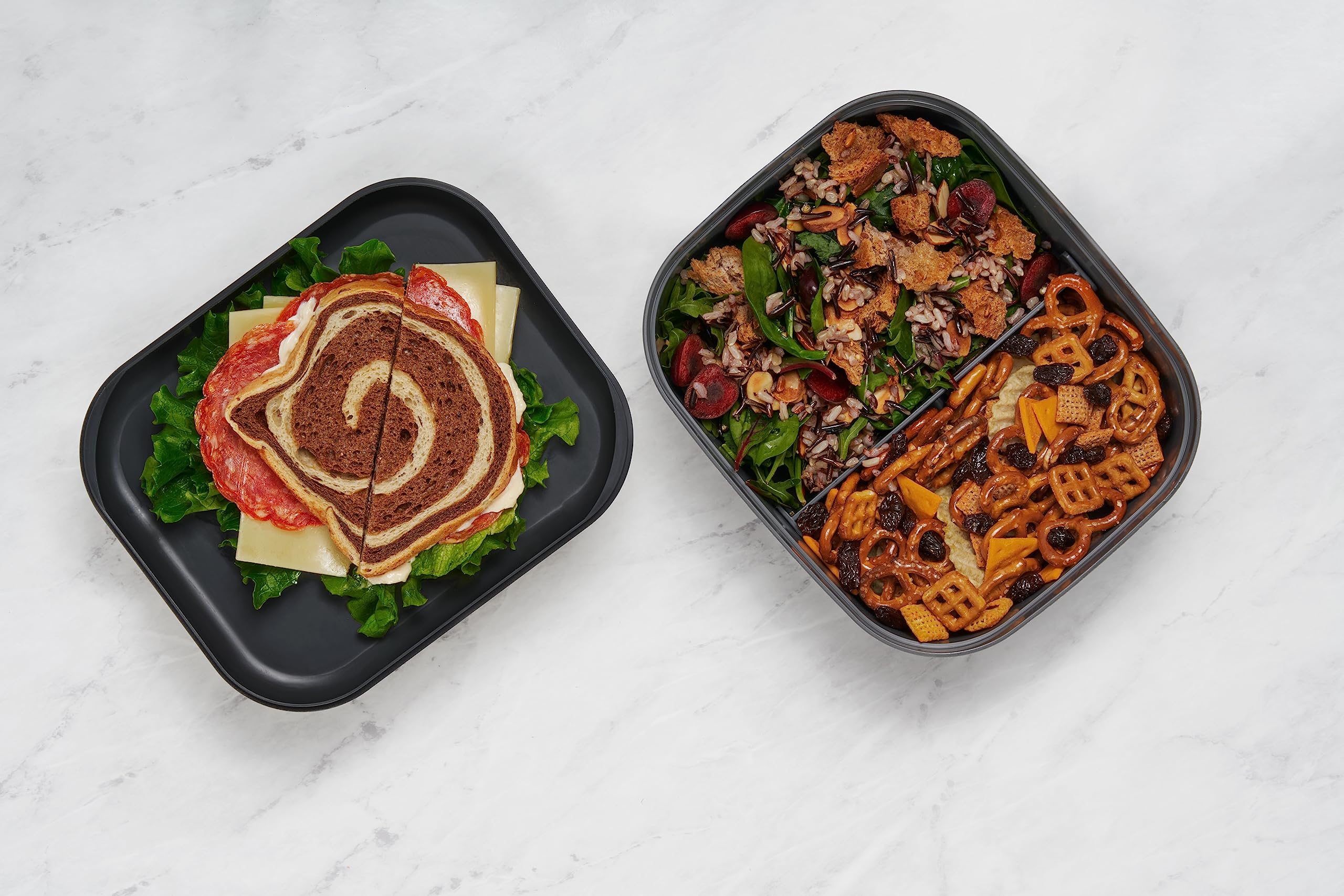 W&P Porter Lunch Box, 3 Compartment Bento Box Style Portable Adult Lunch Box with Snap Strap- Food Container, BPA Free, Dishwasher and Microwave Safe, Charcoal, Medium