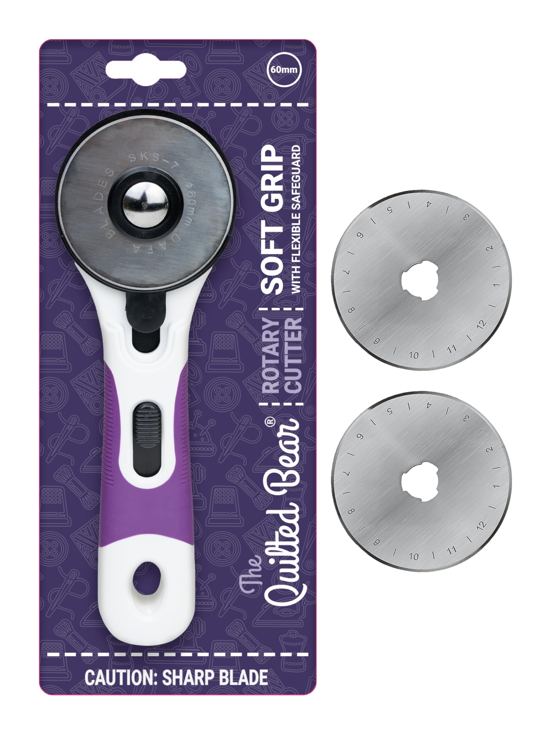 The Quilted Bear 60mm Rotary Cutter & Blades - Ergonomic Soft Grip Rotary Cutter for Fabric with 2 Sharp Cutting Blades & Easy Blade Replace System for Quilting & Sewing Supplies (60mm)