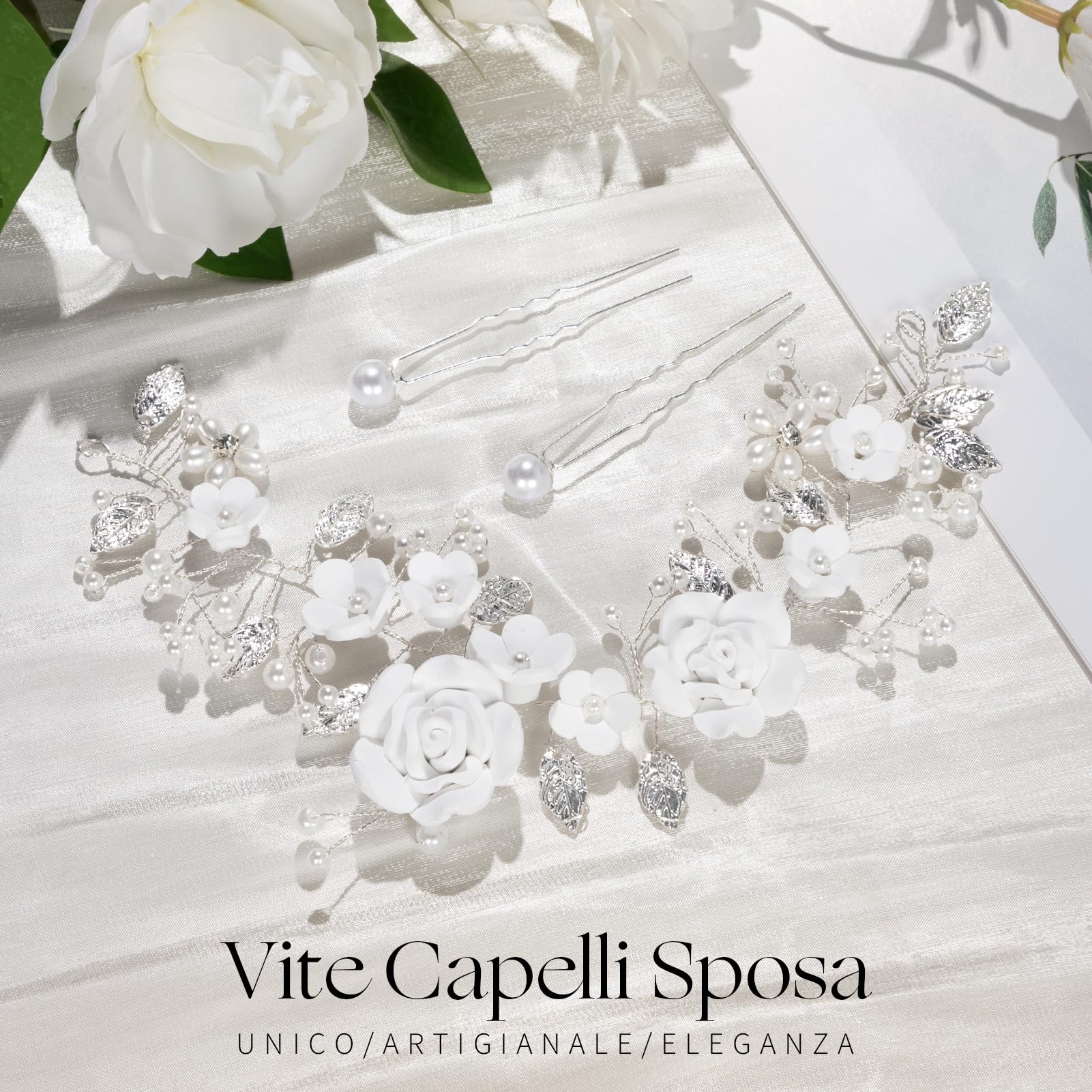 Kiiwah Fiore Sposa Matrimonio Capelli Vite Cristallo Fasce per Capelli Accessori Capelli Sposa Argento, Forcine a Forma Perlé a Forma Di U per Donne e Ragazze