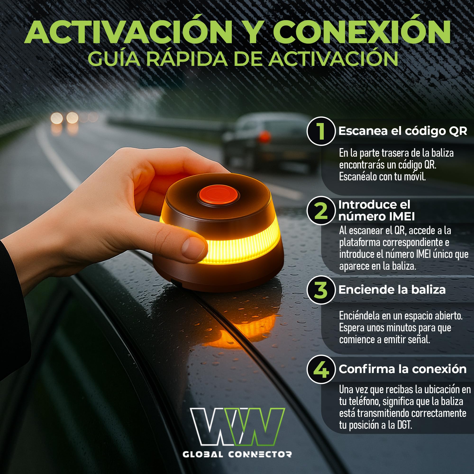 WORLD PRODUCTS STORE- Baliza V16 Homologada DGT con Geolocalización DGT 3.0 – Luz de Emergencia Coche Obligatoria desde 2026 con eSIM -Datos Incluidos Telefonica Tech– Visibilidad 360° 1 km — view 4