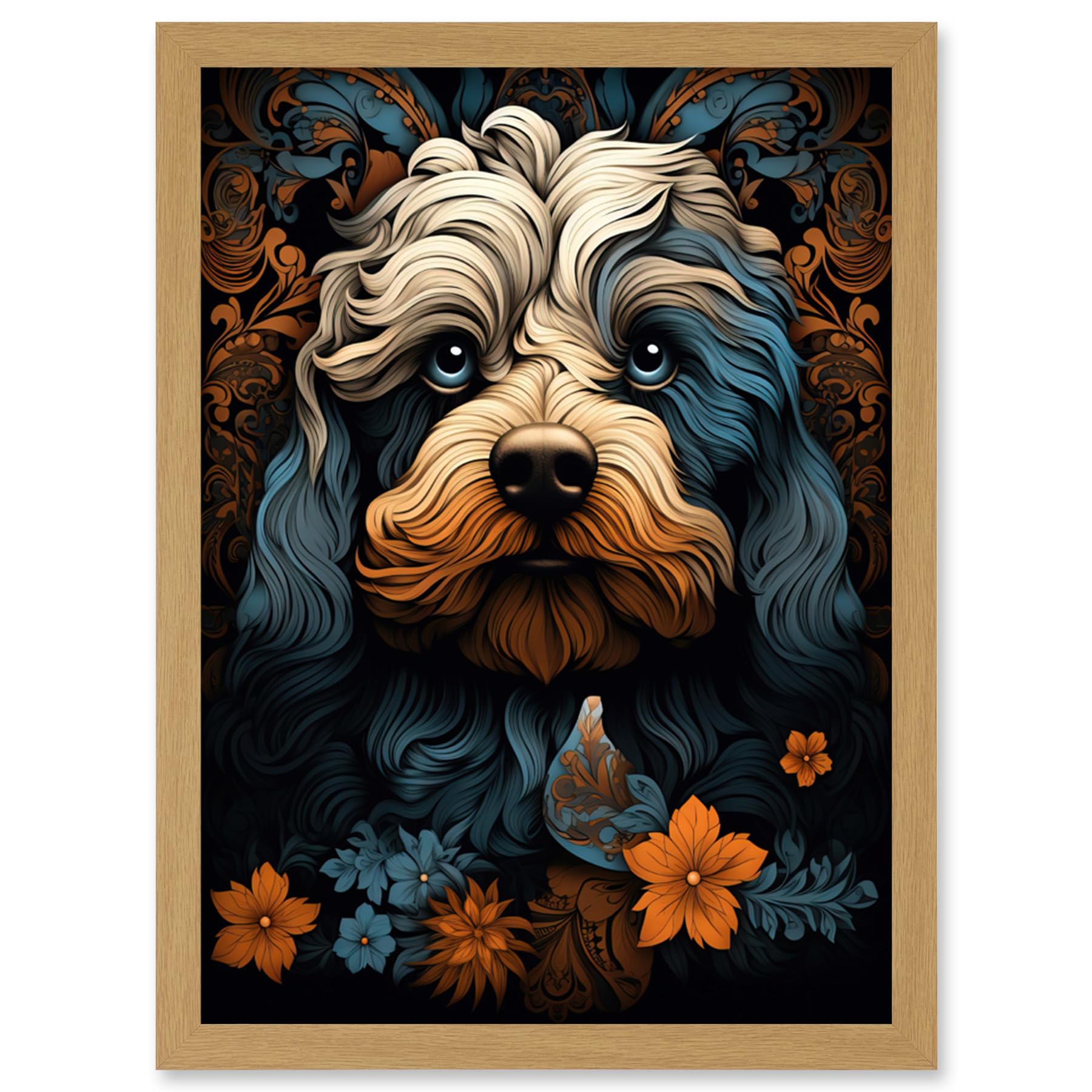 Artery8 Cockapoo Dog with Flower Patterns Art Nouveau Artwork Orange Blue Floral Portrait Design Artwork Framed Wall Art Print A4