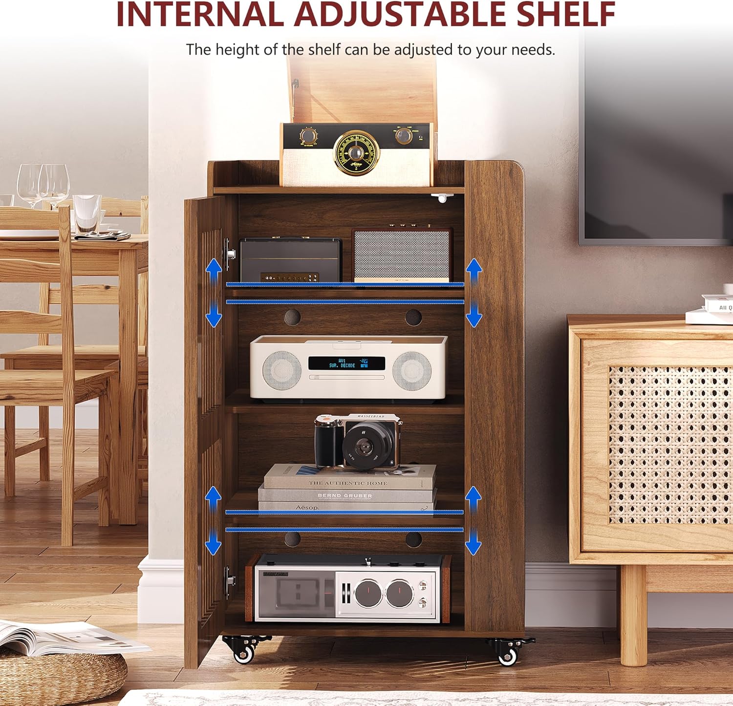 5-Tier Media Cabinet with Stereo & Vinyl Record Storage, Rolling Stereo Cabinet with Adjustable Shelves and Cable Management, AV Media Stand for Living Gaming Room (Walnut)