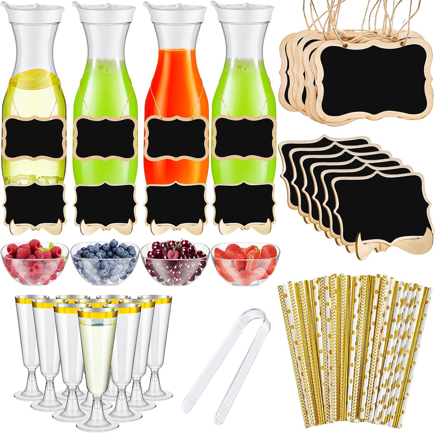 Mumufy 82 Pcs Mimosa Bar Supplies 34 oz Plastic Water Carafe with Lids Plastic Champagne Flutes Pitchers for Drinks with Serving Bowls Serving Tongs Chalkboard Stickers Straws(Classic,Vivid Colors)