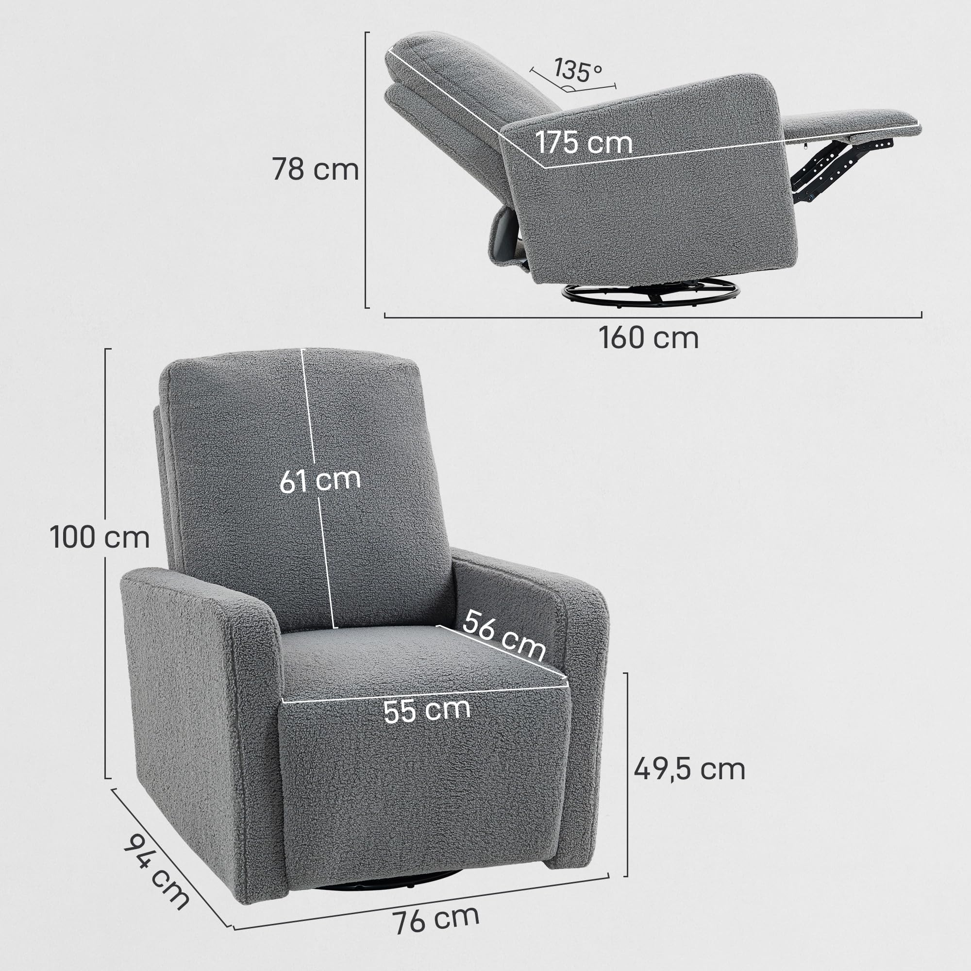 HOMCOM Sillón Relax Reclinable Manual, Sillón Relax de Borreguito con Reposabrazos, Reposapiés, Acolchado Grueso, Función de Balanceo 360°, Butaca Reclinable hasta 135º para Salón, Dormitorio, Gris