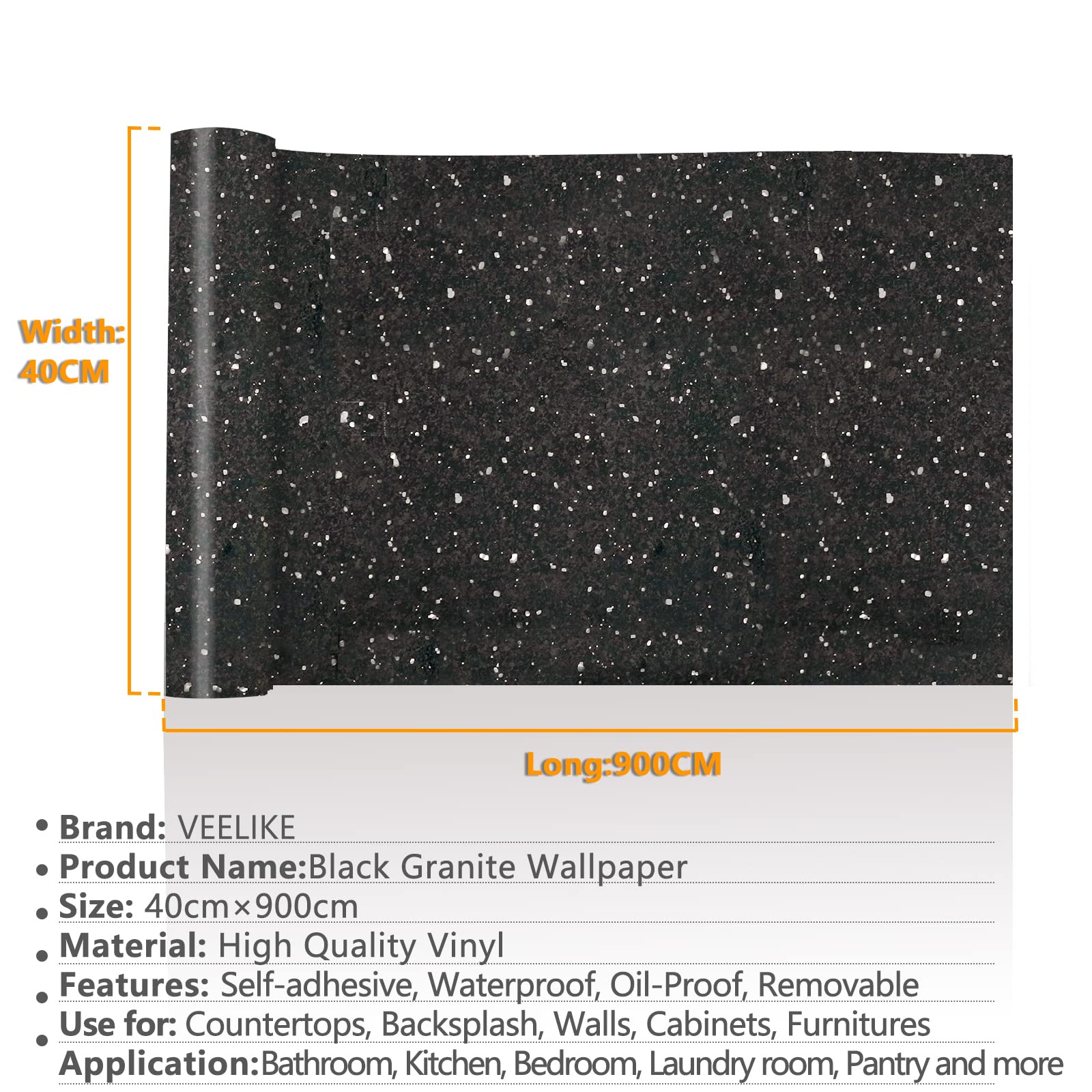 VEELIKE Granieten behang, zwart, marmerfolie, waterdicht, 40 cm x 900 cm, plakfolie, marmeren meubelfolie, zelfklevende folie, marmerlook, keukenbehang, zwart, wandbehang, keukenachterwand, werkblad