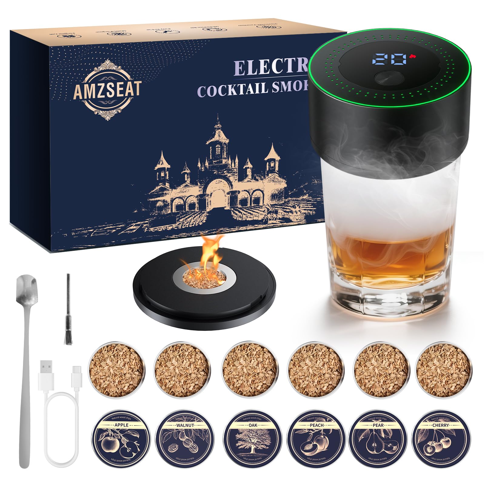 Electric Whiskey Smoker Kit, Whisky Cocktail Smoker Kit with 6 Wood Chips