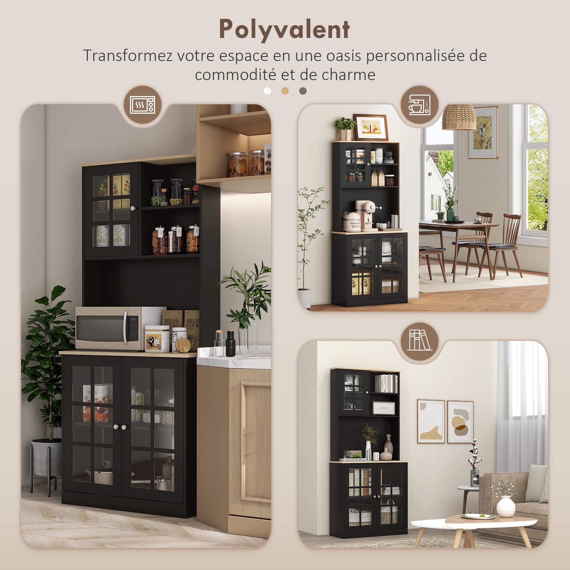 HOMCOM Buffet Cuisine, Meuble Cuisine Rangement Haut, Meuble de Rangement avec Plan de Travail, 3 Portes vitrées, 2 niches et étagères réglables, 80 x 37 x 183 cm, Noir chêne | Meuble Cuisine Rangement Haut avec Plan de Travail, 3 Portes Vitrées, 2 Niches