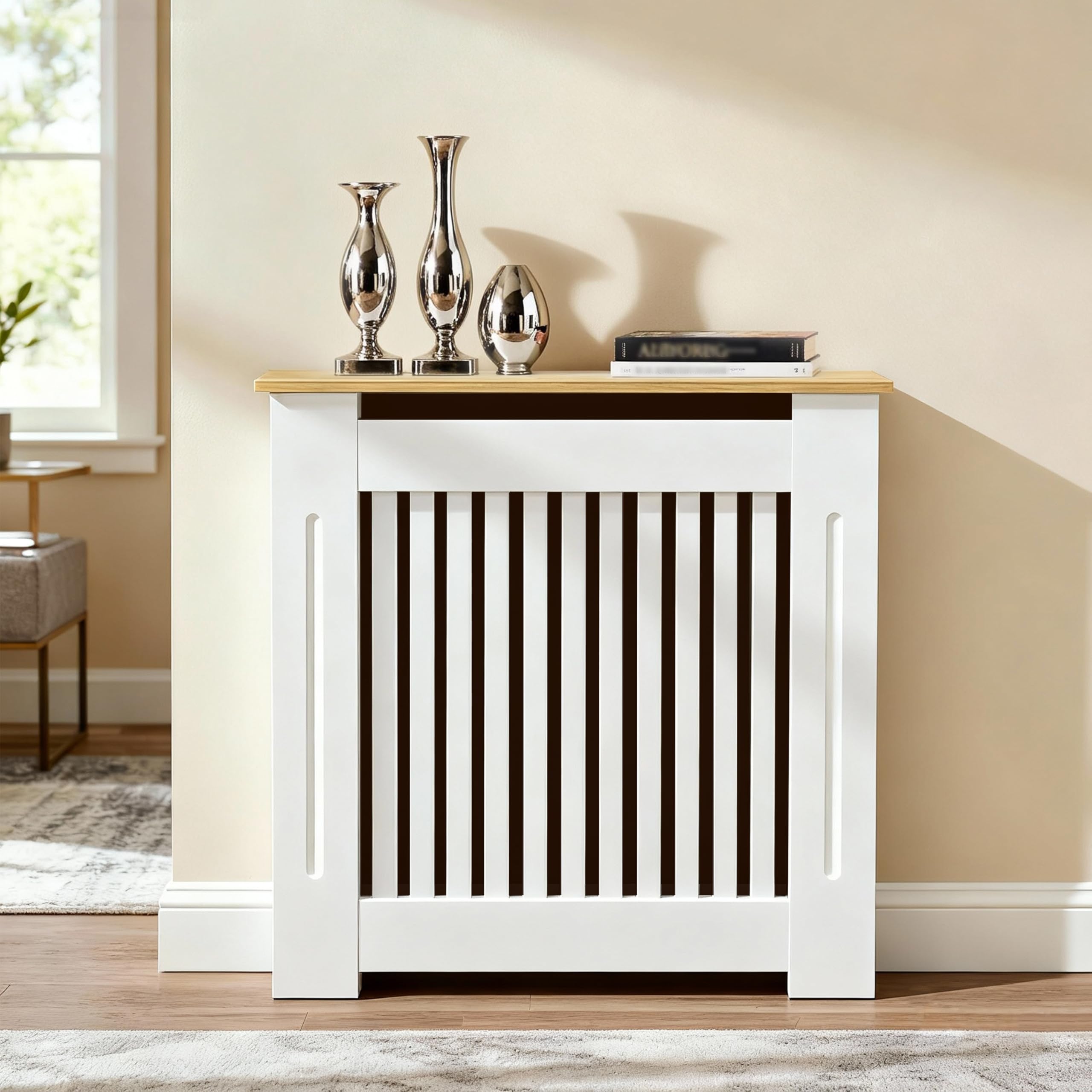 Tall Radiator Cover 90cm high, External 92cm Height Small Heater Covers with Wood Texture Nature Top, Inner Height 90cm Vertical Slats Modern Painted Radiator Covers Shelf MDF Thickened for Bedroom โ image 1
