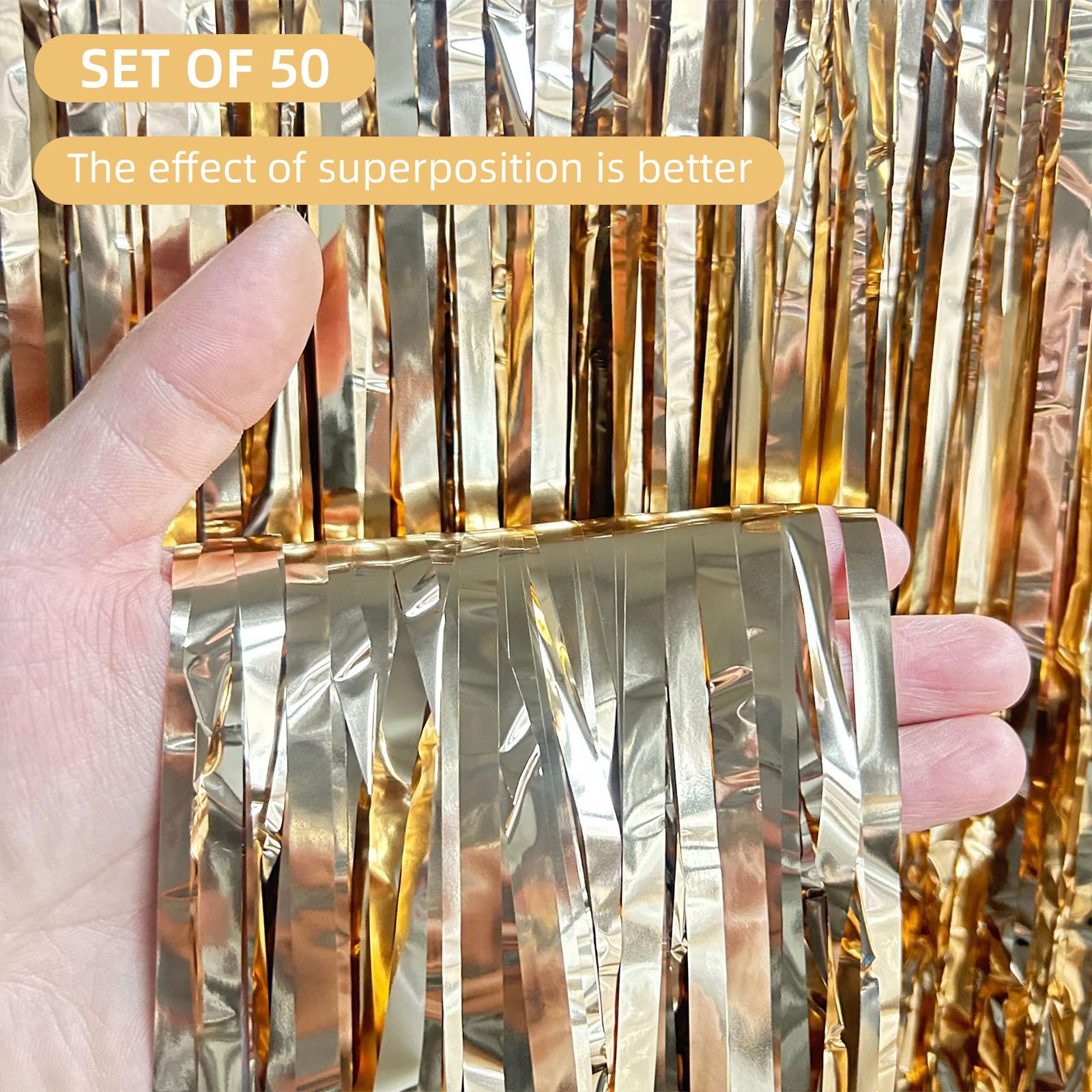 Paquete de 50 cortinas de papel de aluminio dorado champán de 3.3 x 8.2 pies, cortinas de telón de fondo de flecos de papel de aluminio metálico para decoración de fiestas de cumpleaños (dorado