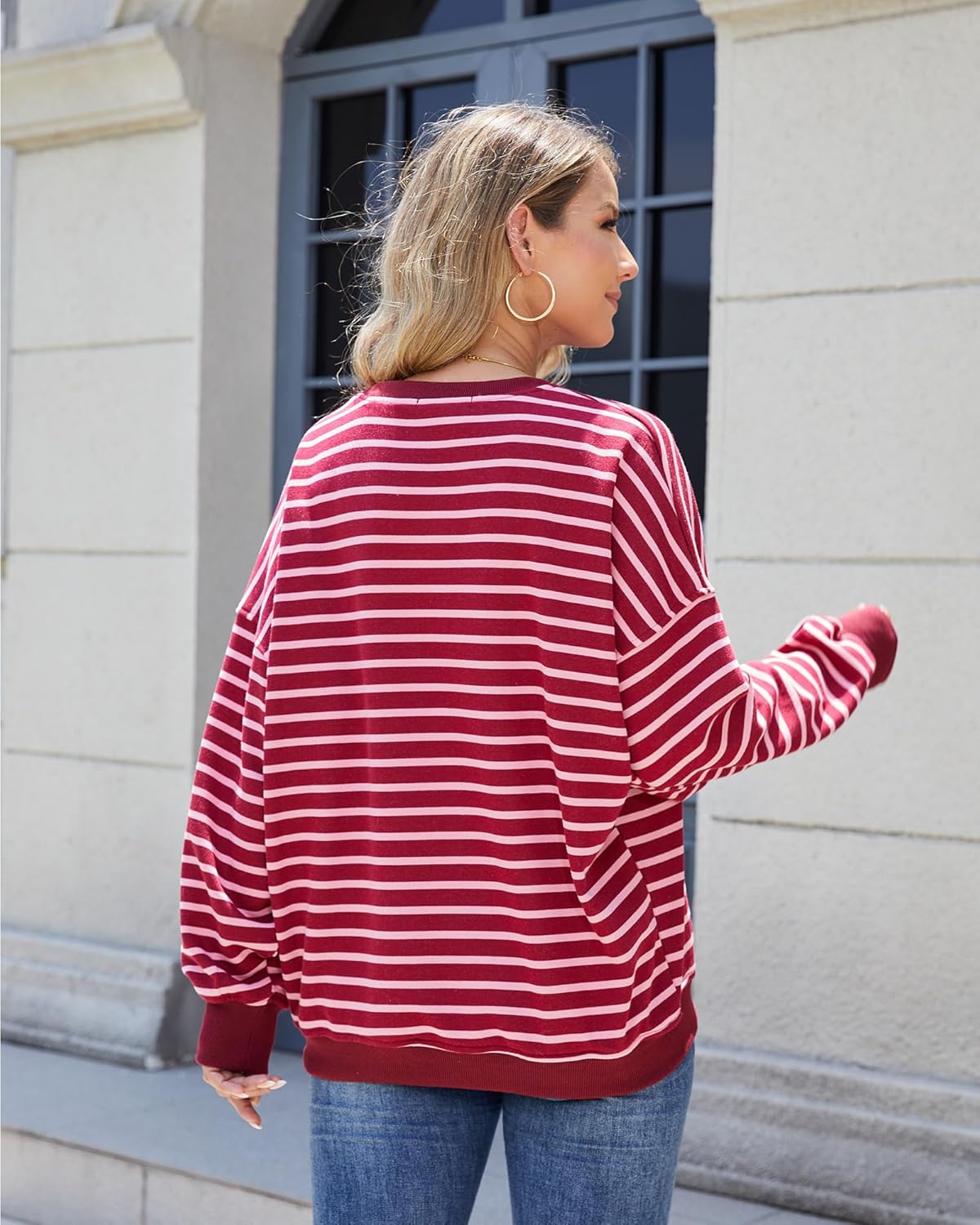 Women's Striped Oversized Sweatshirt, Long Sleeve Crewneck Pullover Top, Casual Fall Clothes - Image 6
