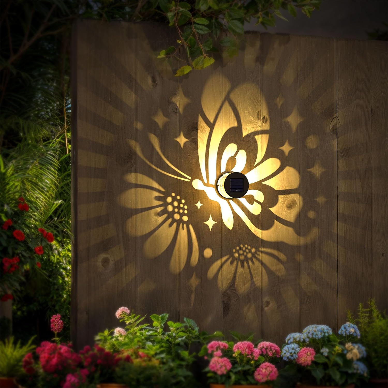 Solar Fence Lights 2 Pack Outdoor Deck Step Wall Lights Metal Waterproof LED Warm Yellow Light for Garden Post Patio Backyard Yard Decor (Butterfly-Flower, 2) - Image 4