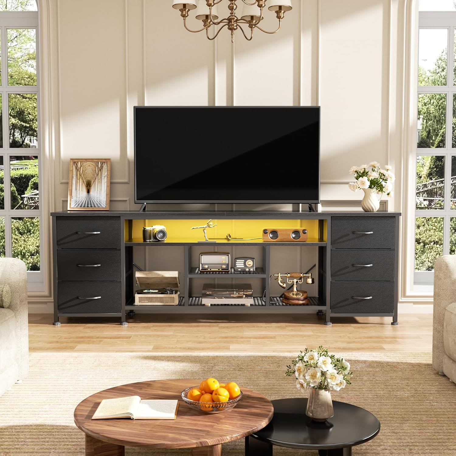 Furologee LED TV Stand for 65, 70 Inch TV, 63 Inch Entertainment Center with Power Outlets, 6 Fabric Drawers Dresser for Bedroom, Media Console with Open Shelves, PU Leather Surface, Black