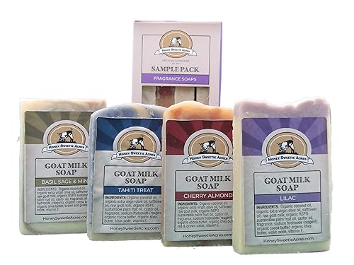 Honey Sweetie Acres Muestra de aceite esencial paquete de 4 jabones de leche de cabra totalmente natural hecho a mano de leche de cabras enanas