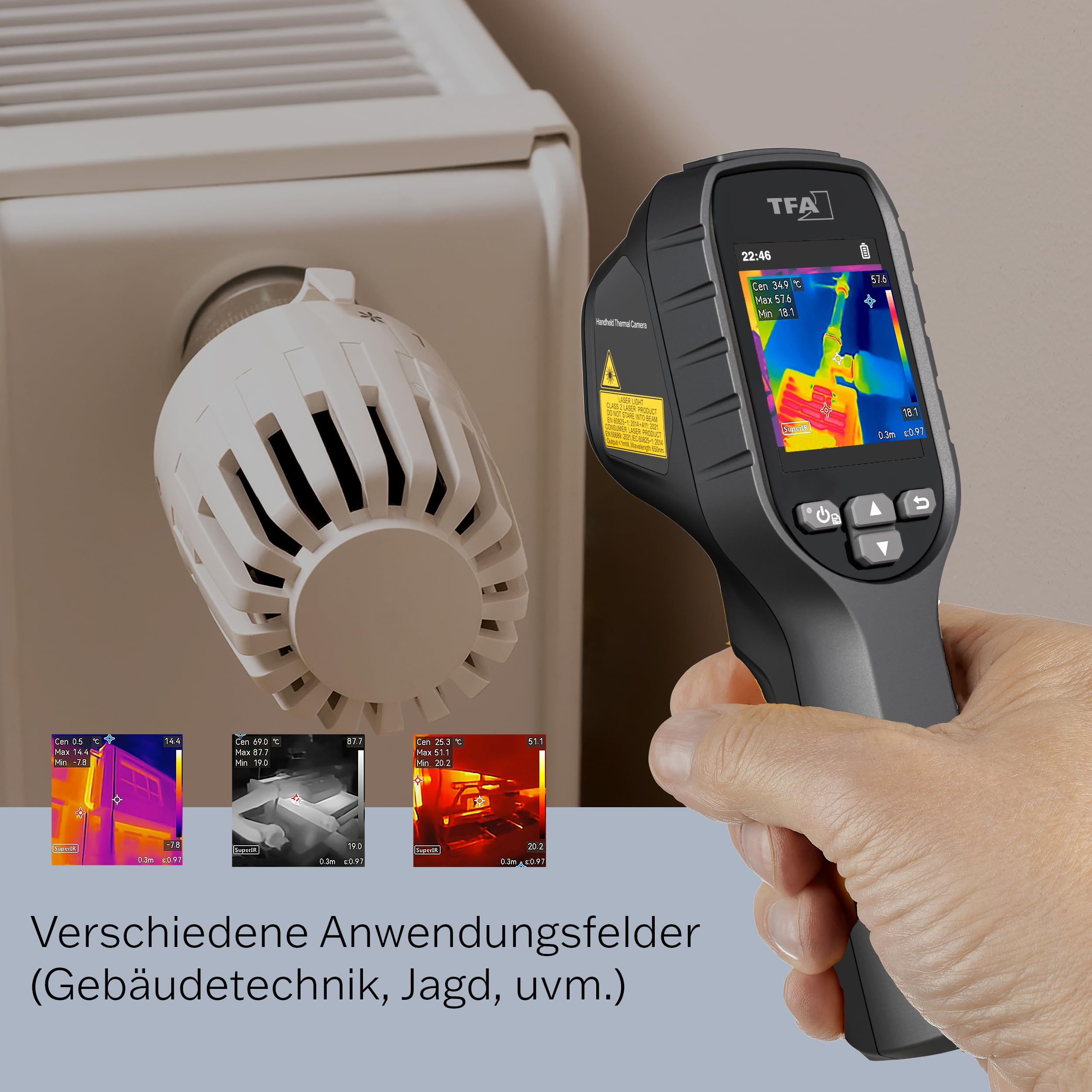 TFA Dostmann Wärmebildkamera Visualtemp 96x96 IR & 240 x 240 Auflösung, 31.1144, mit Infrarot, tragbar, 8-Stunden Akkulaufzeit, -20°C bis 550°C, IP 54, Kältebrücken oder Hausinspektionen, schwarz
