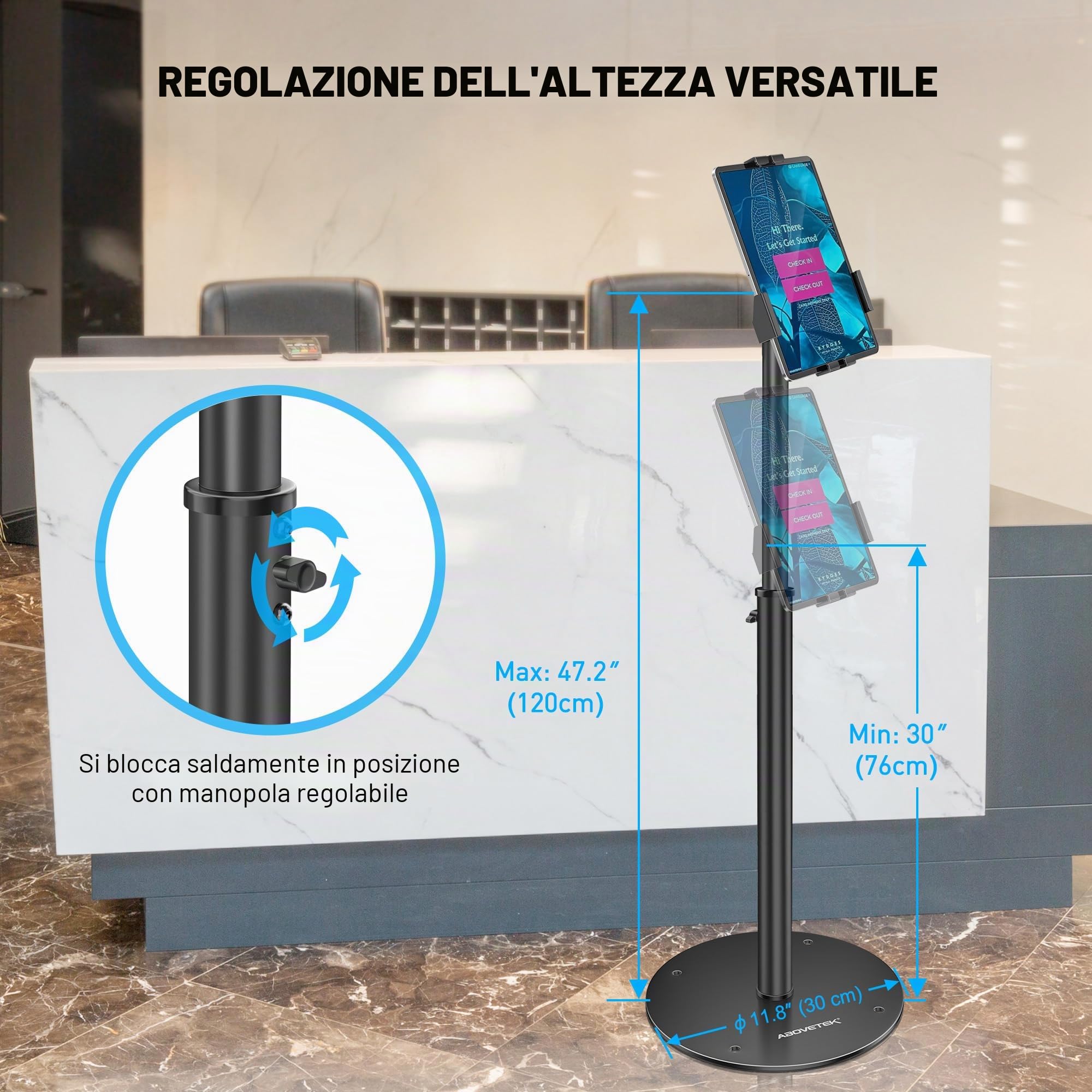 AboveTEK Supporto Tablet da Terra - Supporto POS iPad Regolabile Altezza, Supporto Girevole 360° Bloccabile per iPad 7,9"-11" - Supporto Antifurto Negozi
