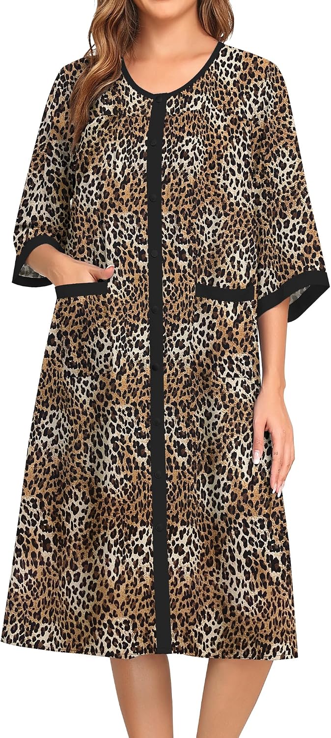 SWOMOG House Dress for Women Snap Front Dusters for Women with Pockets 3/4 Sleeve Cotton Nightgown S-XXXL
