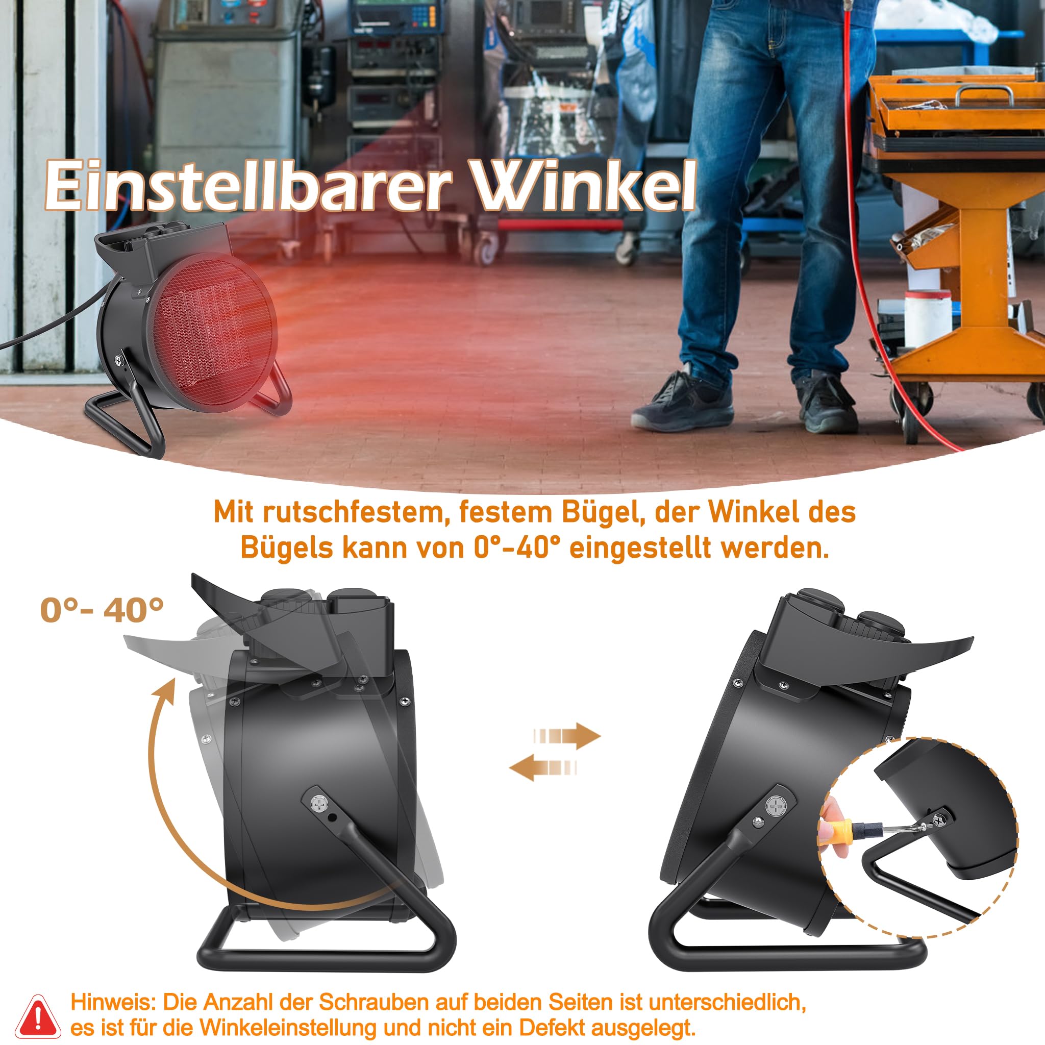 UISEBRT Portabler Heizlüfter mit Thermostat, 3000 W PTC-Keramik Heizelement für 30 m², 2 Heizstufen Überhitzungsschutz, Elektro-Heizung für Baustellen Häuser Werkstätten Garagen