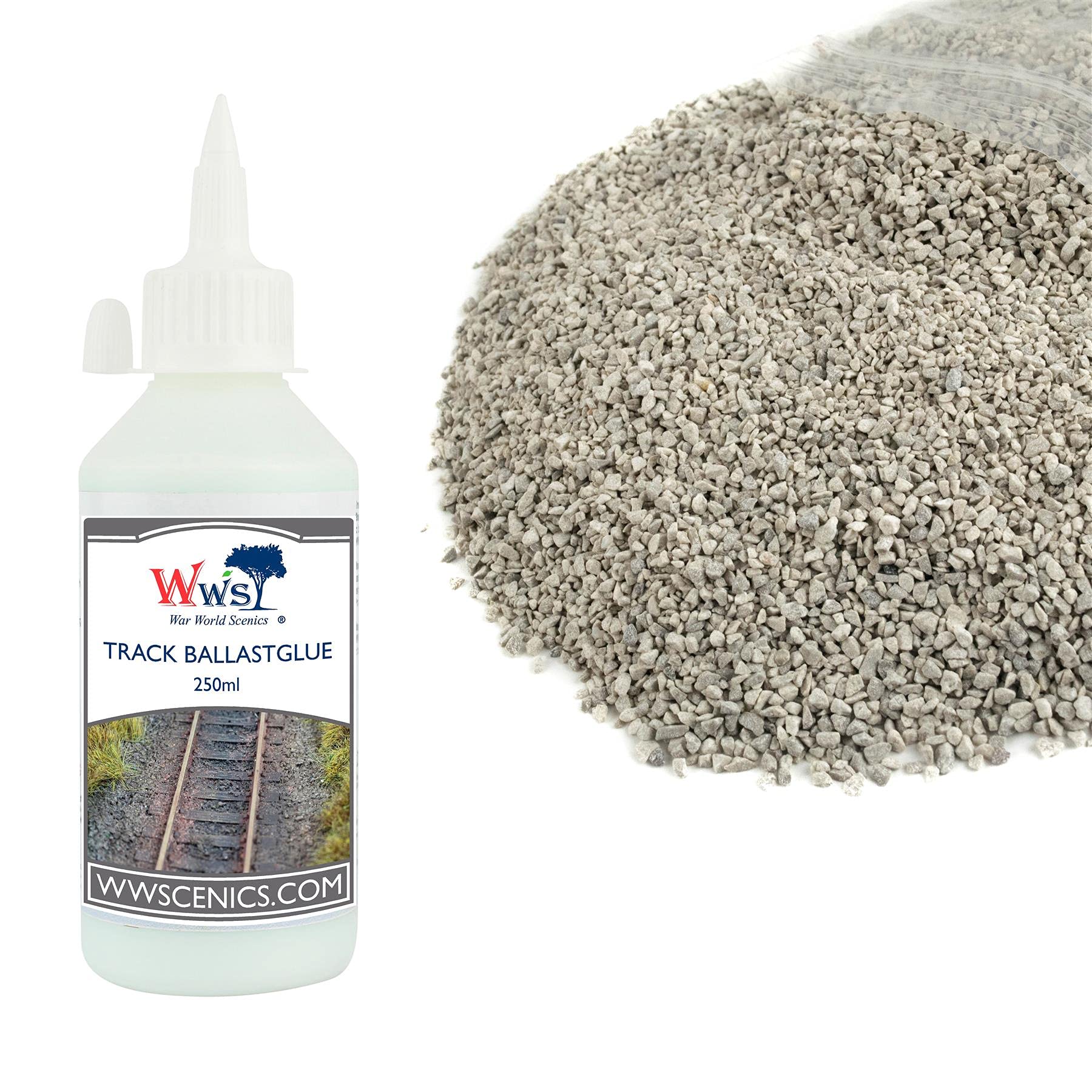 War World Scenics 500g Ballast & 250ml Glue Kit for Model Rail Tracks – Fine Light Grey