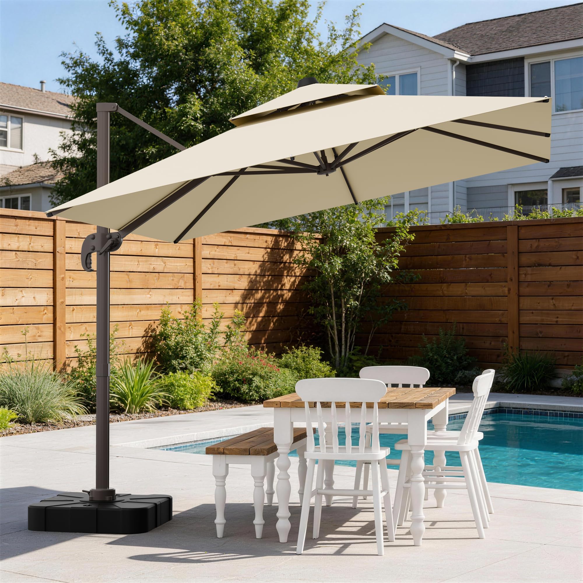 UMBFUN Sonnenschirm 300 x 400 cm mit Fußpedal und Kreuzsockel,Groß Ampelschirm,Kurbel Doppeldach Gartenschirm mit 360° Drehbar für Terrasse,Pool,Outdoor,Balkon Sonnenschutz