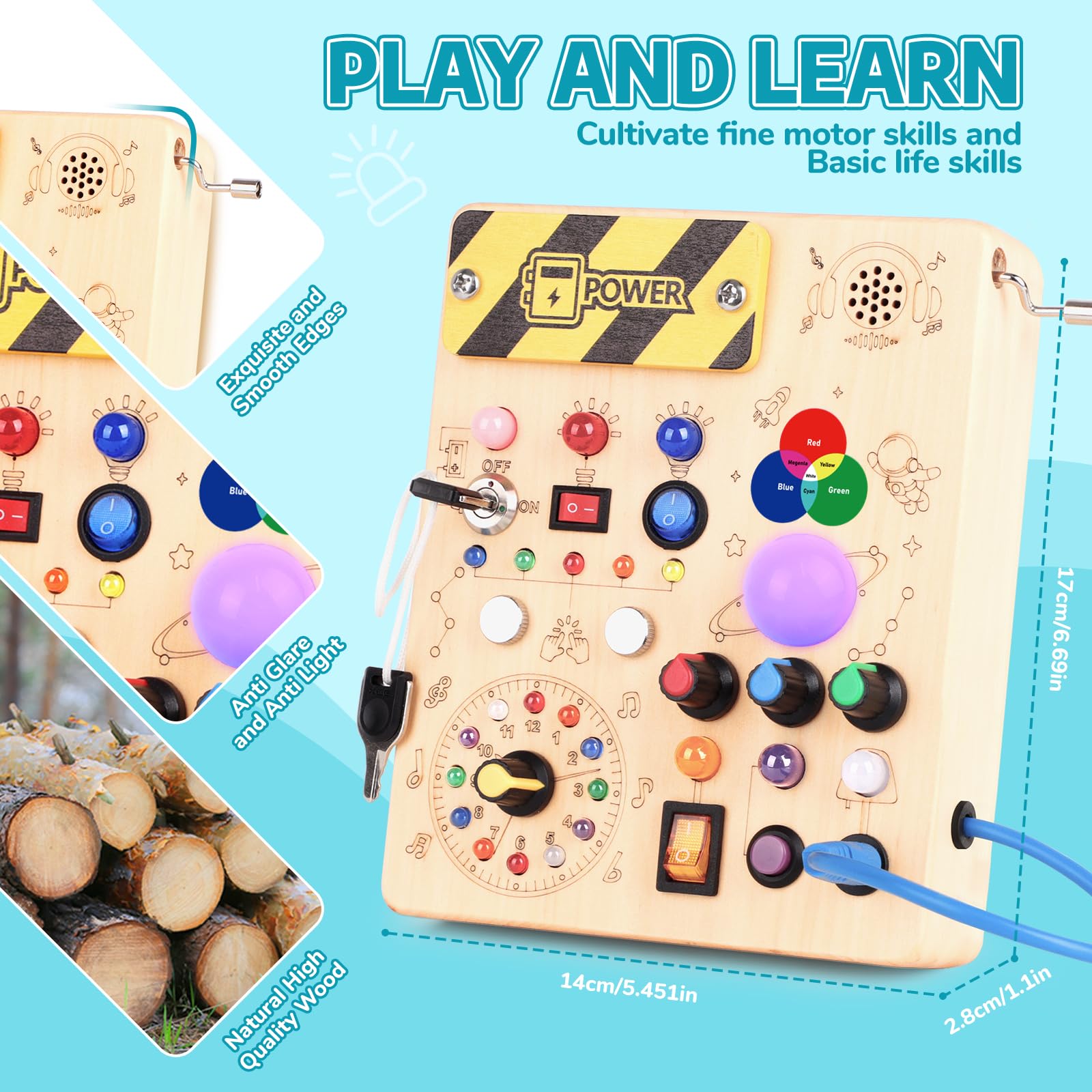 Busy Board Montessori Toys for 1 Year Old Kids Activity Board with 12 Switches and 27 LED Lights Switch Wooden Toys for 1 2 3 Year Old Boys Girls — view 4