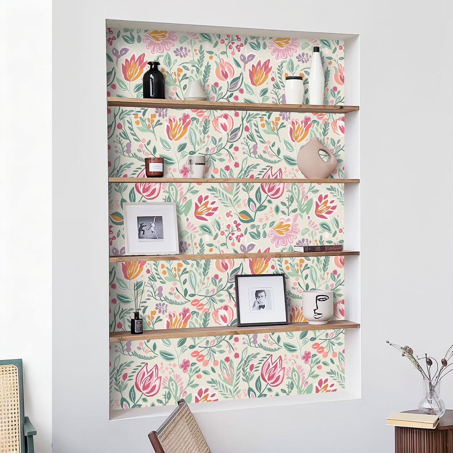 Fititem Colorful Peel and Stick Wallpaper Kids Cute Floral Contact Paper for Cabinets Self Adhesive Removable Contact Paper Fun Flower Garden Wallpaper for Bedroom Bathroom Waterproof 17.3inW 393inL