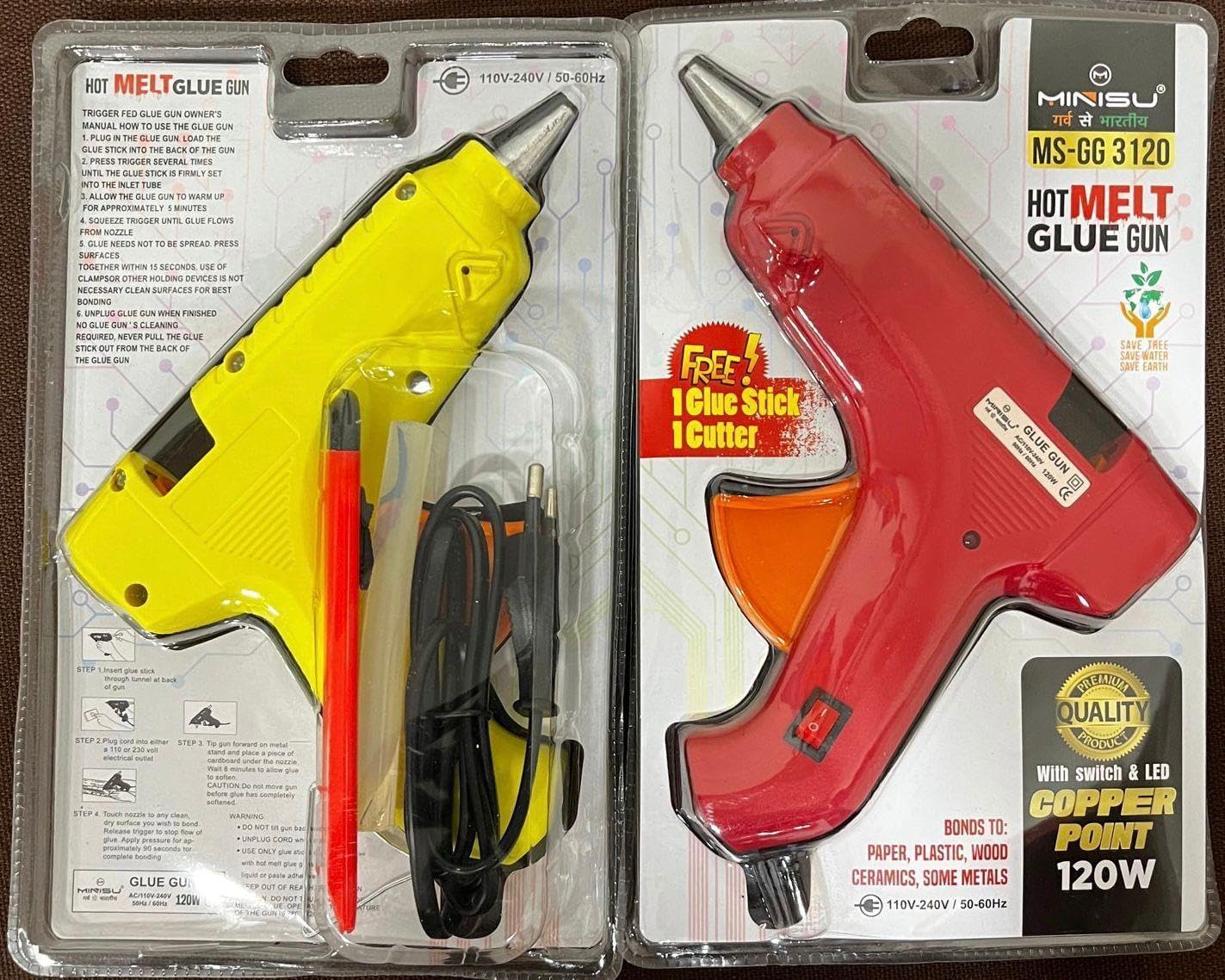 OM WHOLESALE BAZAR Hot Melt Glue Gun, 120W Professional Electric Adhesive Tool with LED, Switch, Copper Tip, Free Glue Stick and Cutter for Crafts, Paper, Wood, Plastic