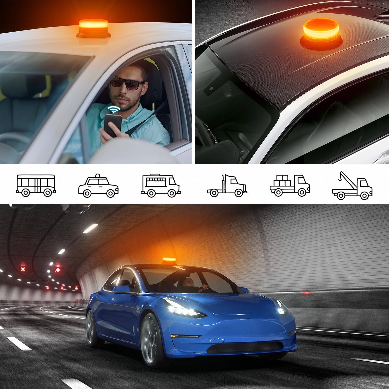 AnTom Luce LED stroboscopica lampeggiante di emergenza batteria Con telecomando,12V-24V 9 Modalità con 3m Cavo Alimentazione e USB cavo di ricarica Lampeggiante Auto per trattori golf UTV
