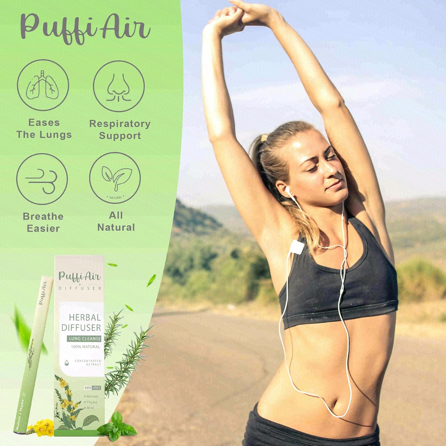 Herbal Diffuser with Mullein, Thyme & Mint – Lung Cleanse Inhaler for Easy Breathing, 600 Uses Per Stick, Pocket-Sized Nic Free Diffuser Pen - 1800 Uses Green, 3 Pcs