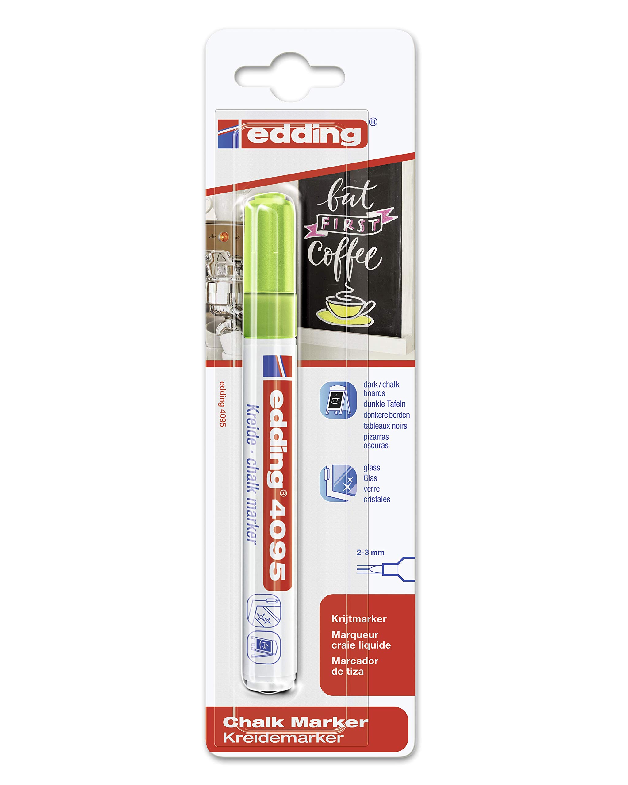 edding Kreidemarker 4095 - hellgrün - 1 Kreide-Tintenmarker - Rundspitze 2-3 mm - trocken abwischbarer Stift für Kreidetafeln - für Fenster, Glas, Spiegel - Flüssigkreide-Marker für deckende Abdeckung