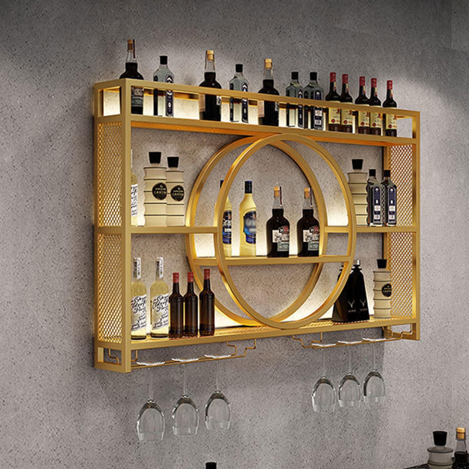Botellero Vino Pared Botellero de Hierro con Luz LED y Soporte para Copas de Vino, Wall Mounted Wine Rack Fácil de Instalar Soporte para Vino para Cocina, Bar(Gold,120 * 15 * 80cm)
