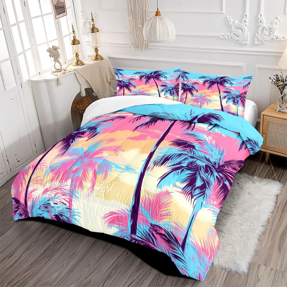 Coconut Tree Bedding Set Twin Size Blue Yellow Pink Setting Sun Coconut Tree Comforter Set for Boys Girls Teens Adults Fashion Plant Duvet Bedroom Set