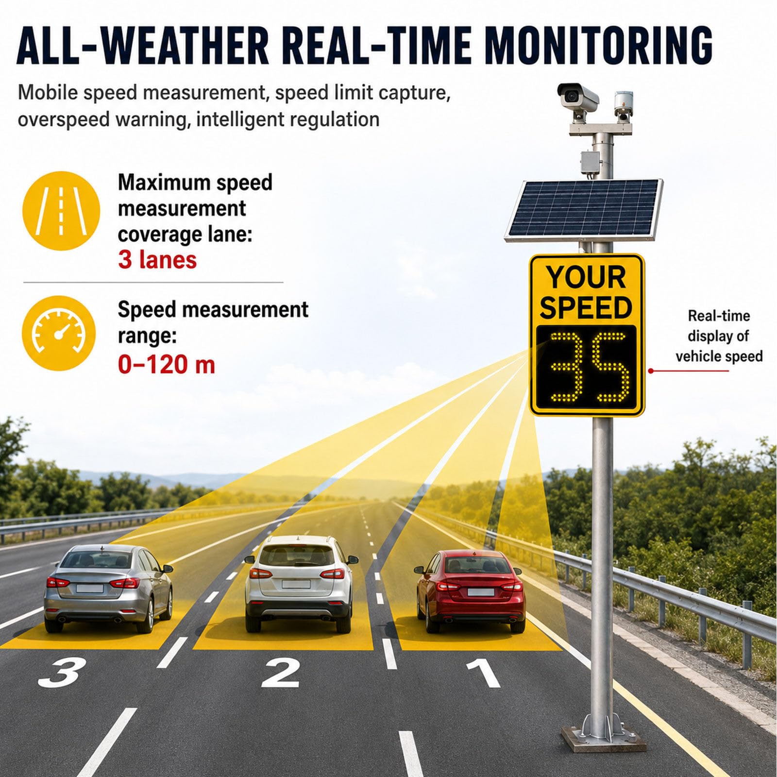 Señal de velocidad con radar alimentado por energía solar Yellow-60x75cm | película reflectante, diseño resistente a la lluvia y la nieve, para control de tráfico en carretera.