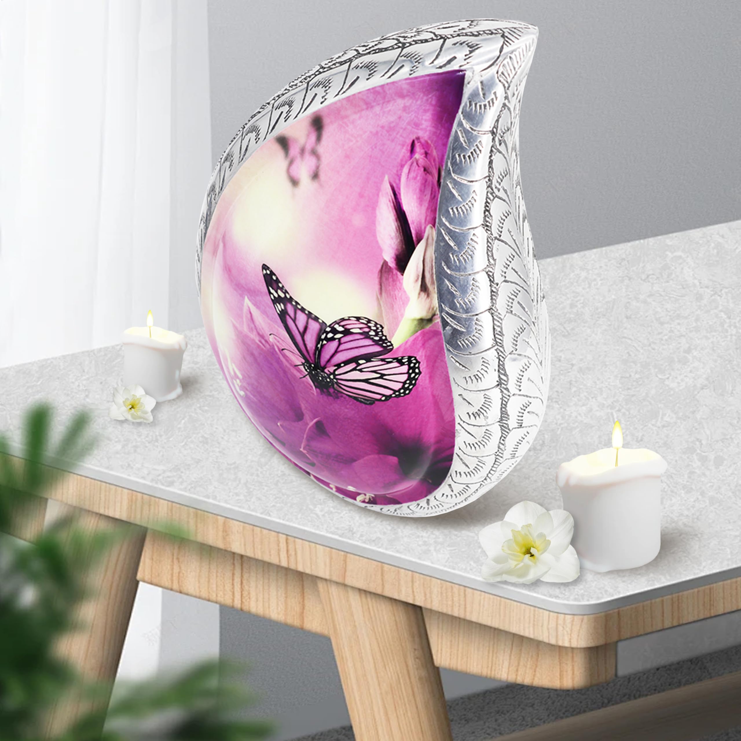 M MEILINXU Urne funéraire décorative en Forme de Papillon Violet pour Cendres humaines – À Afficher à la Maison ou à la Niche, urne en Forme de Goutte en Aluminium gravée pour Cendres Adultes, Femmes