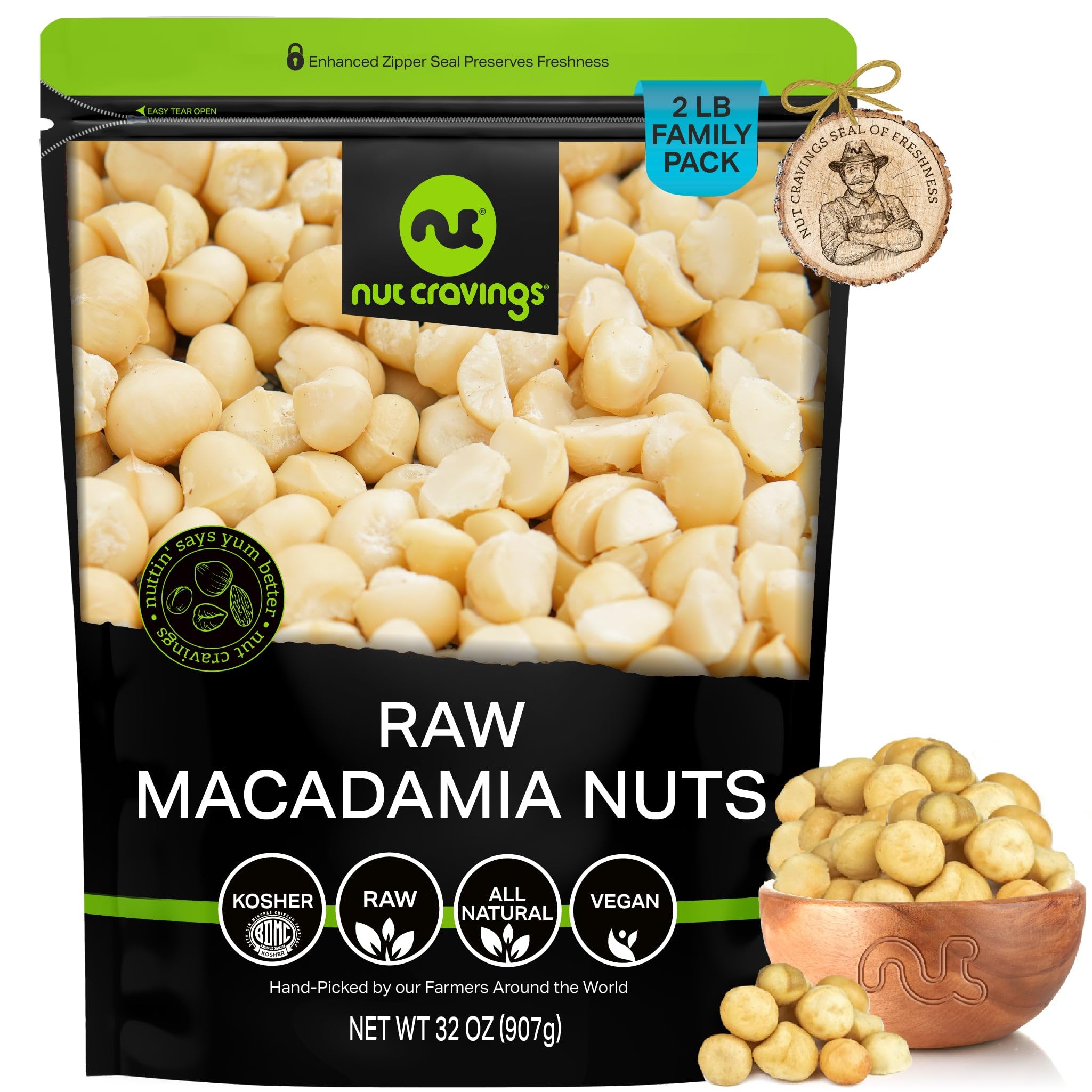 NUT CRAVINGS - Raw Macadamia Nuts, Unsalted, Shelled, (32oz - 2 LB) Bulk Nuts Packed Fresh in Resealable Bag - Kosher Healthy Snack, Food Assortments Hazelnut