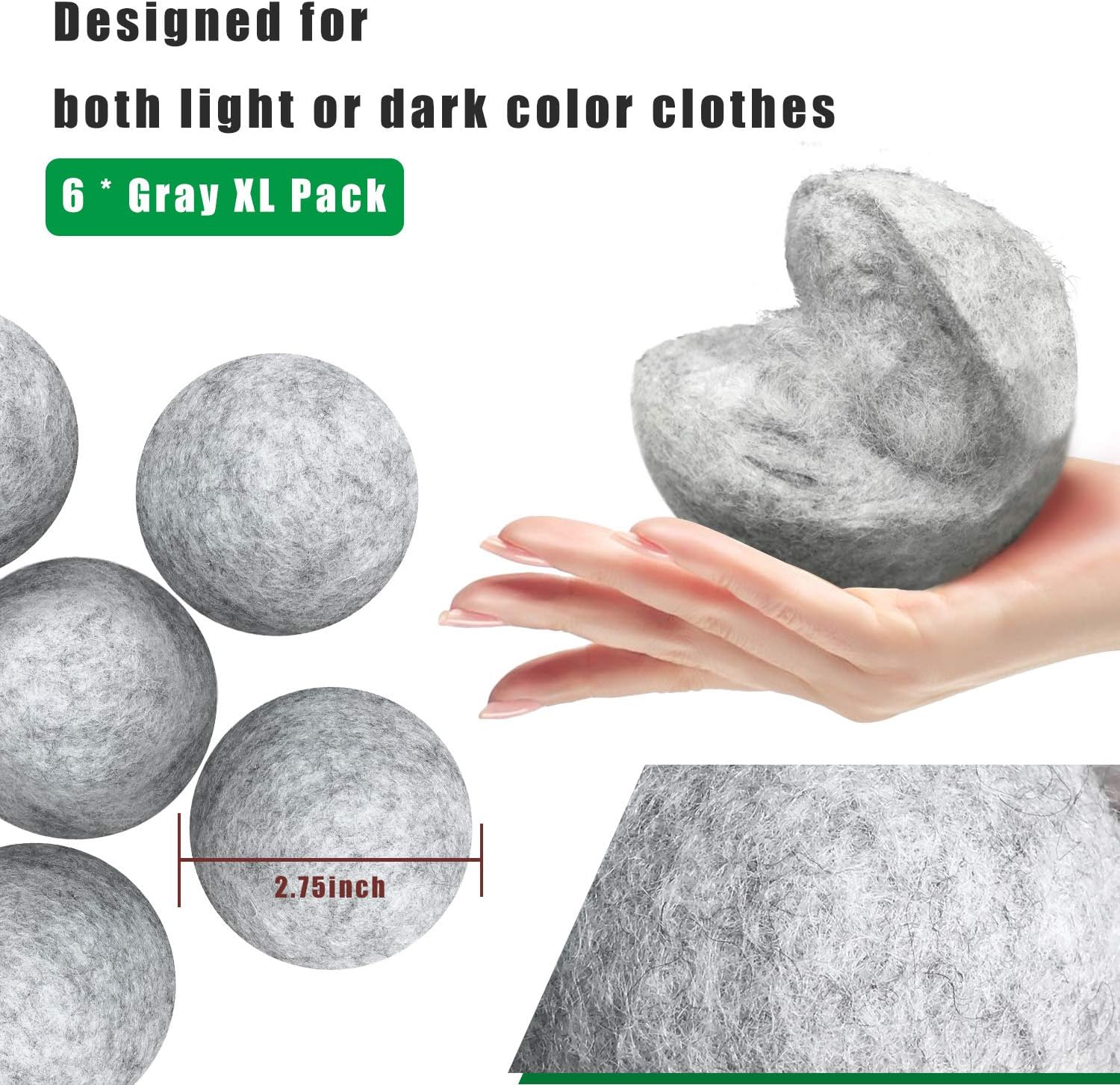 Wool Dryer Balls 6 Pack, XL Reusable Natural Fabric Softener, 100% Organic Premium New Zealand Wool for Laundry, Chemical Free, Reduces Wrinkles and Saves Drying Time, Baby Safe, Anti Static, Gray